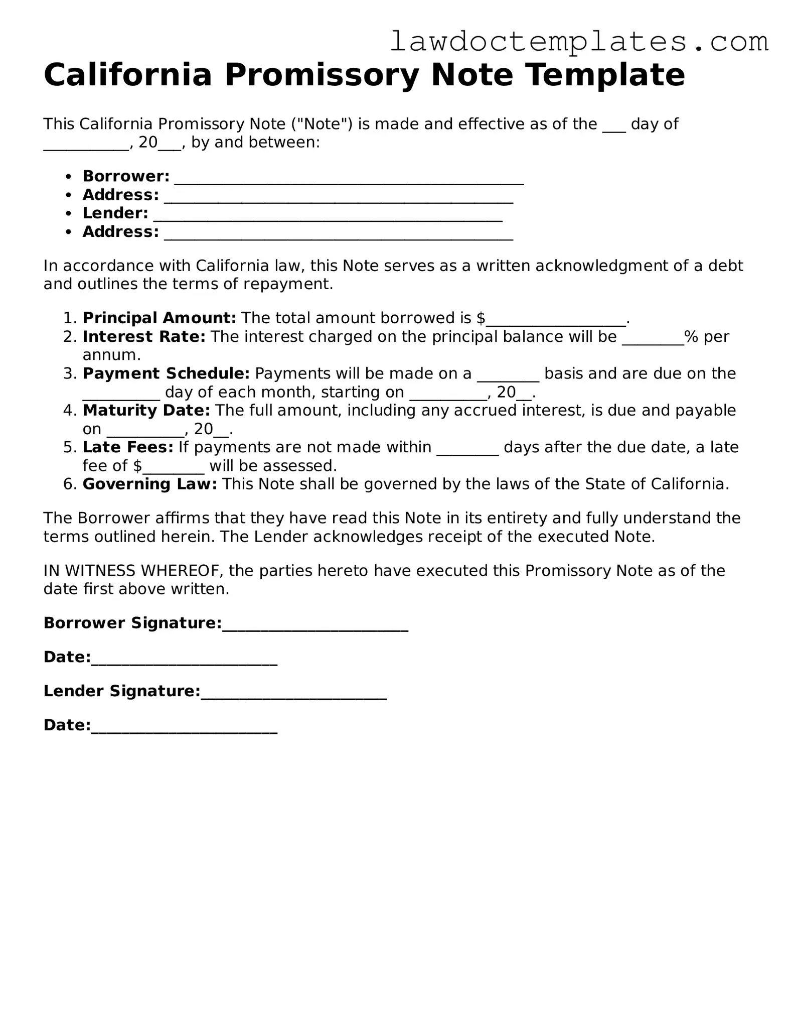Promissory Note Document for California State