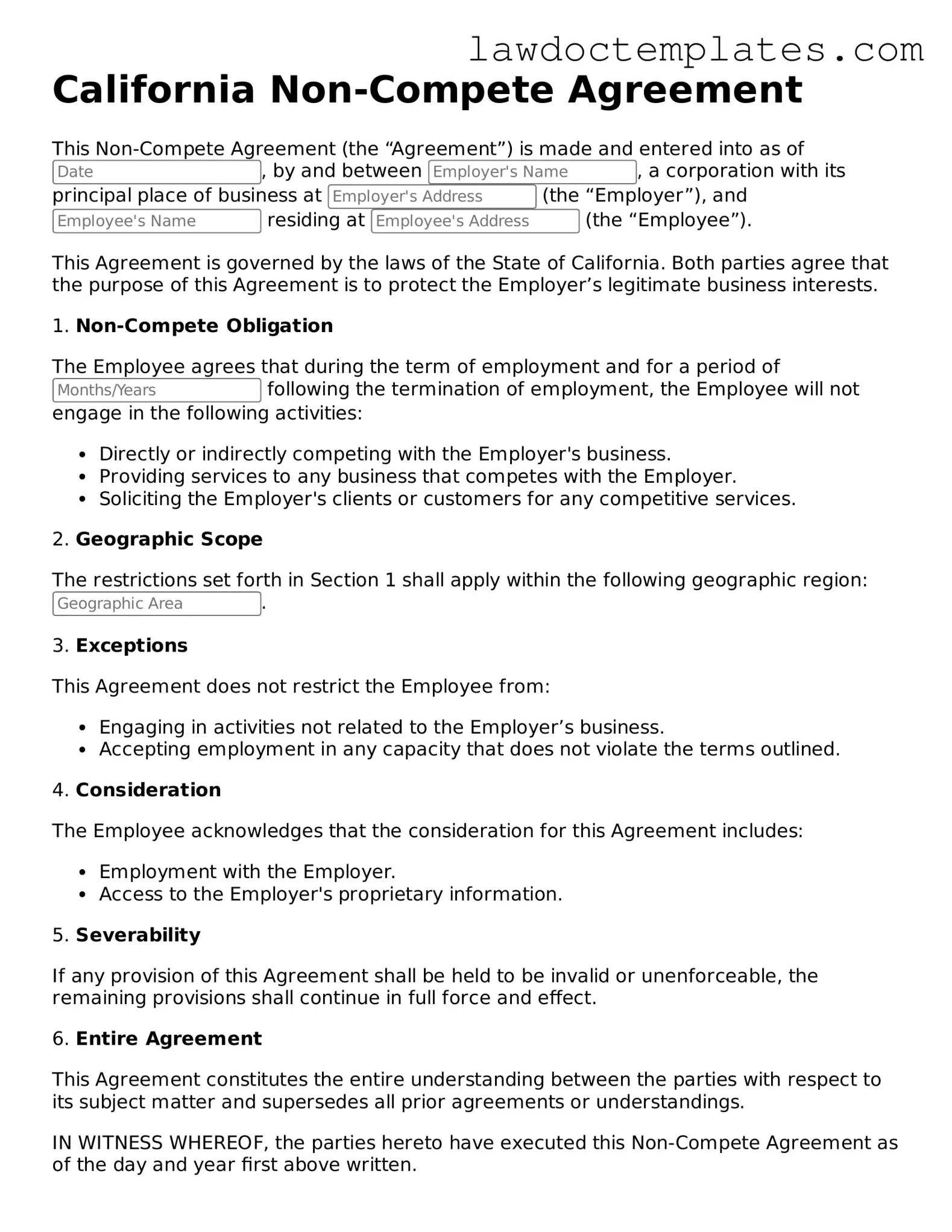 Non-compete Agreement Document for California State