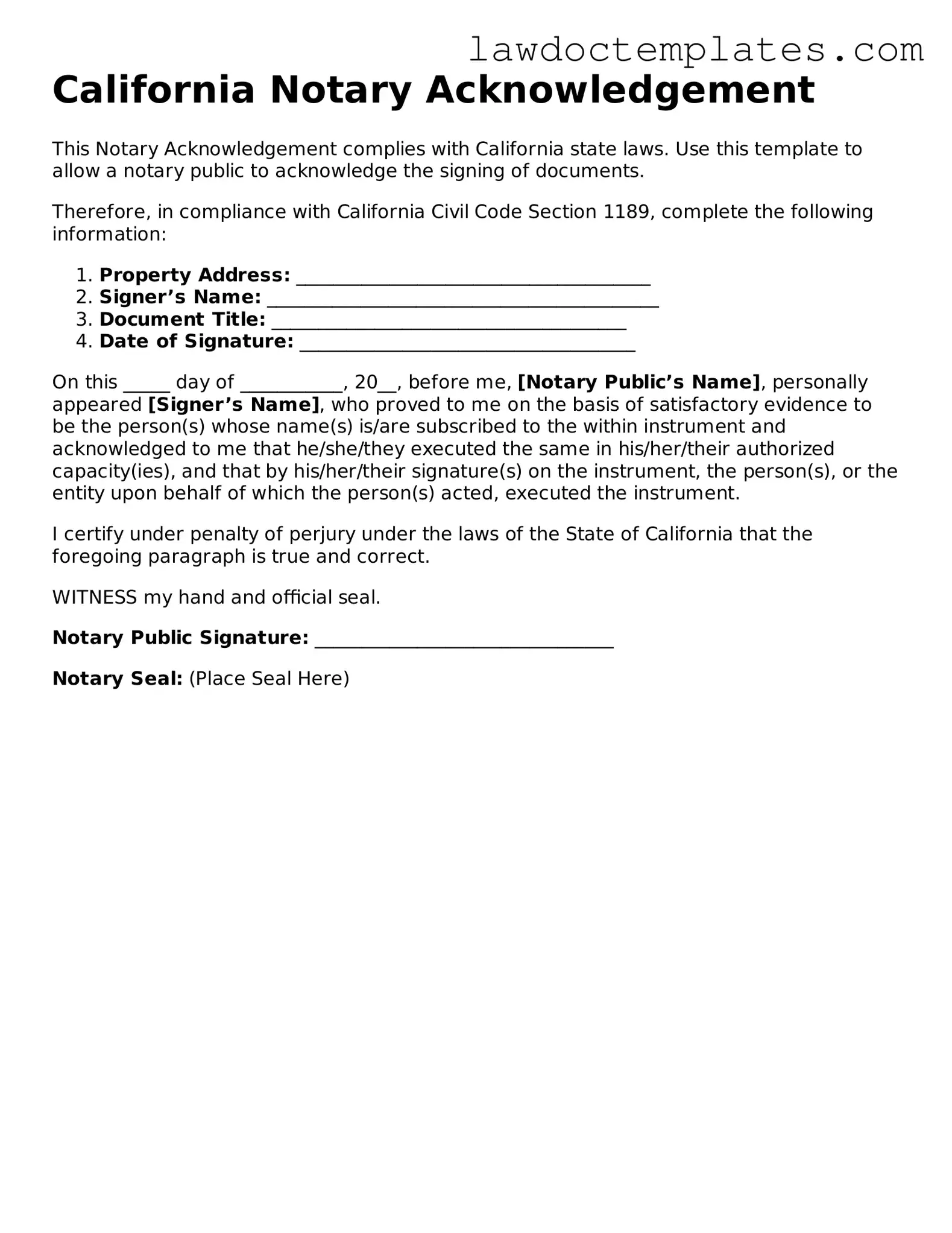 Notary Acknowledgement Document for California State