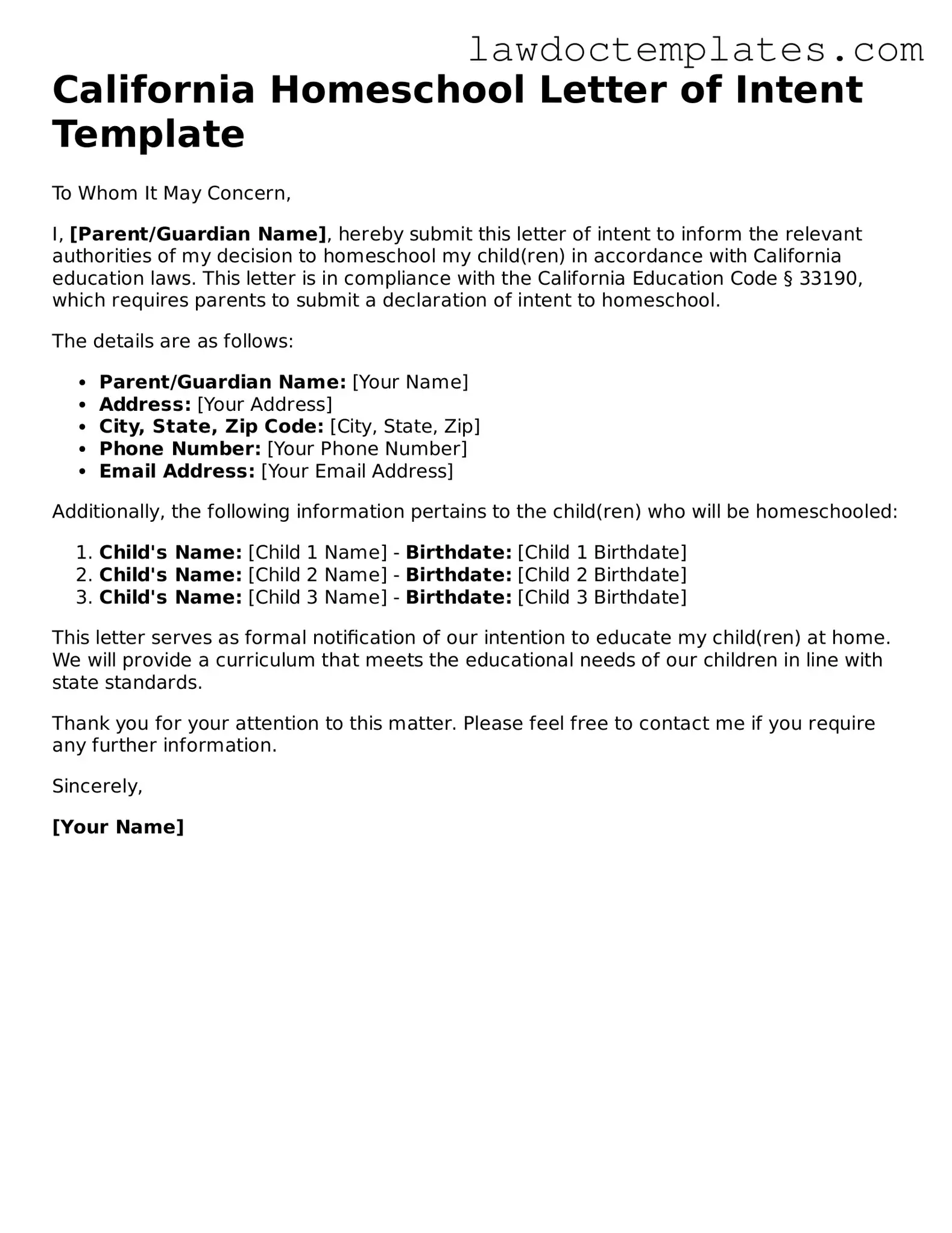 Homeschool Letter of Intent Document for California State