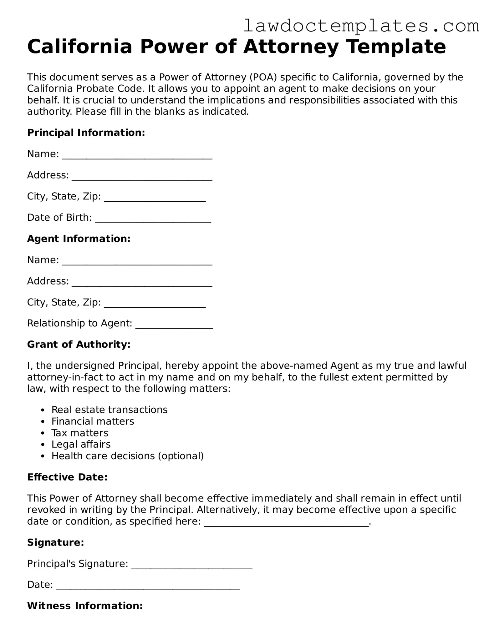 Power of Attorney Document for California State