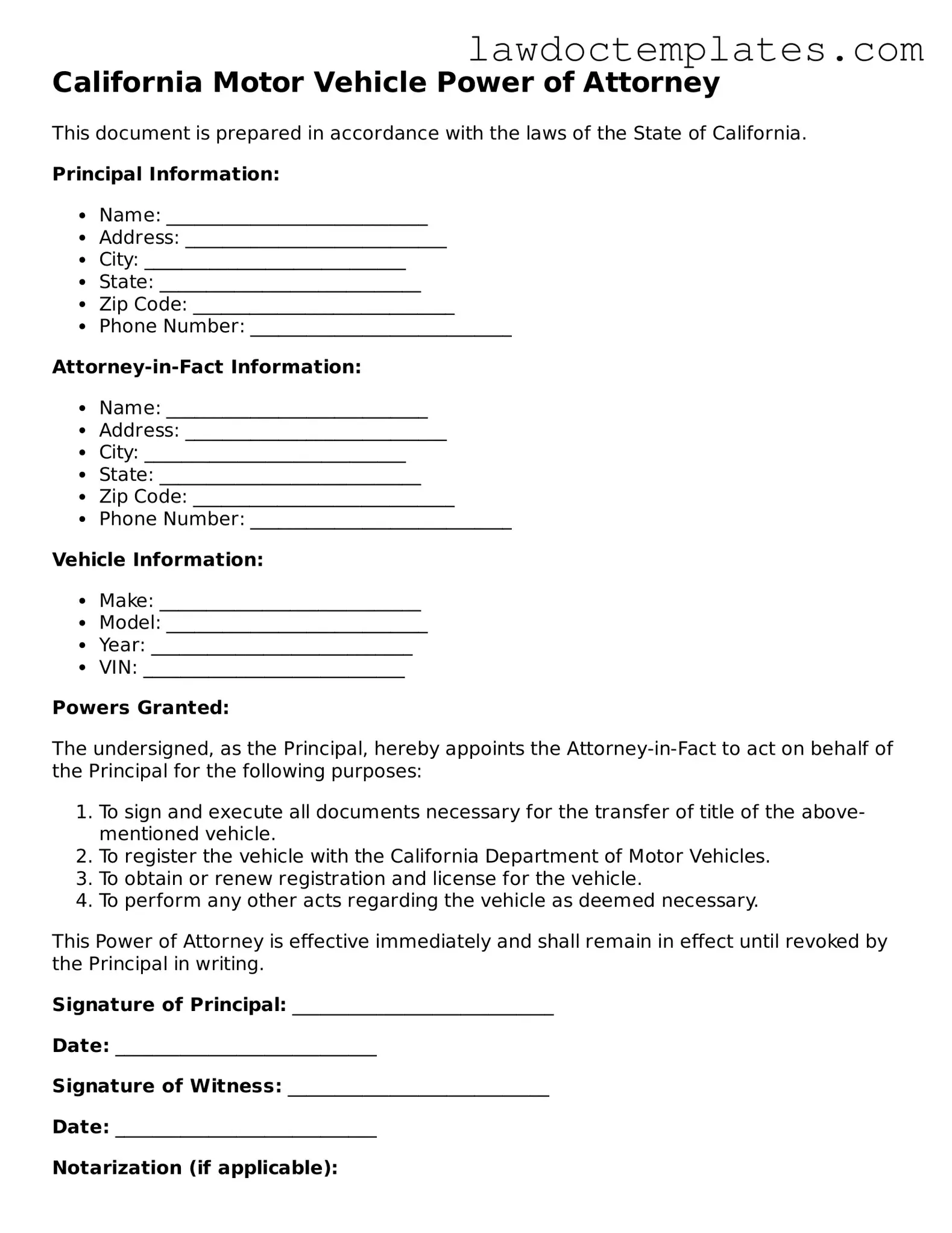 Motor Vehicle Power of Attorney Document for California State