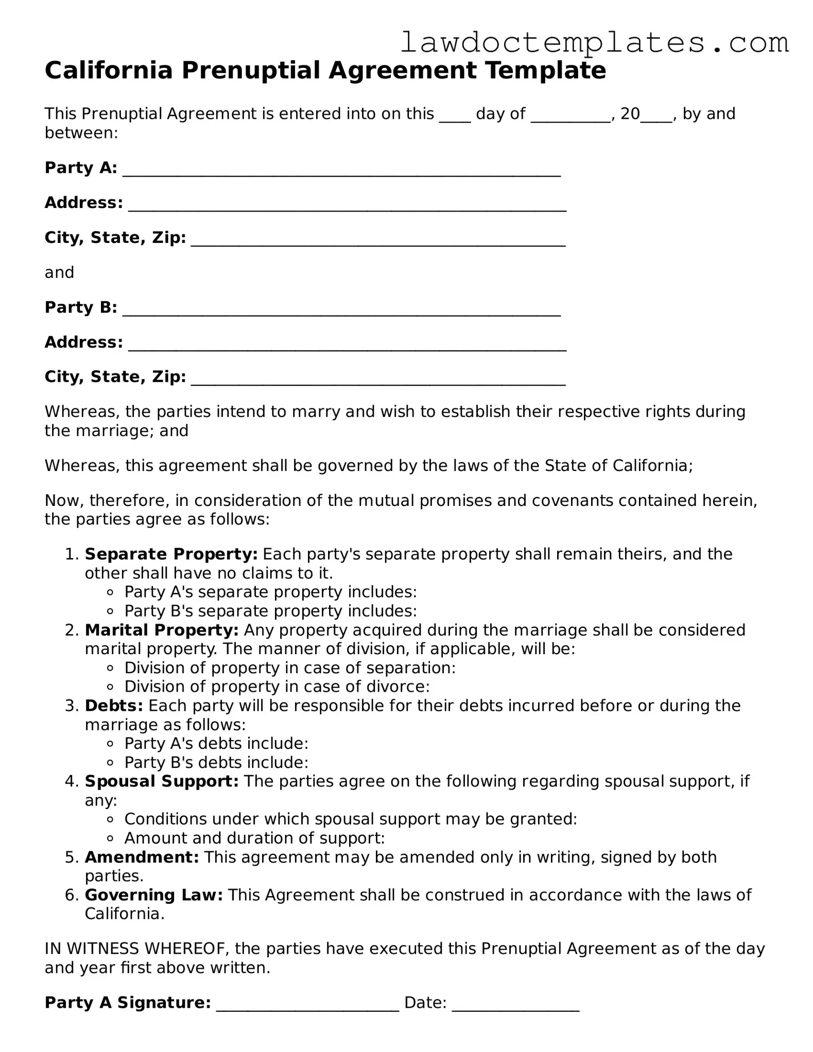 Prenuptial Agreement Document for California State
