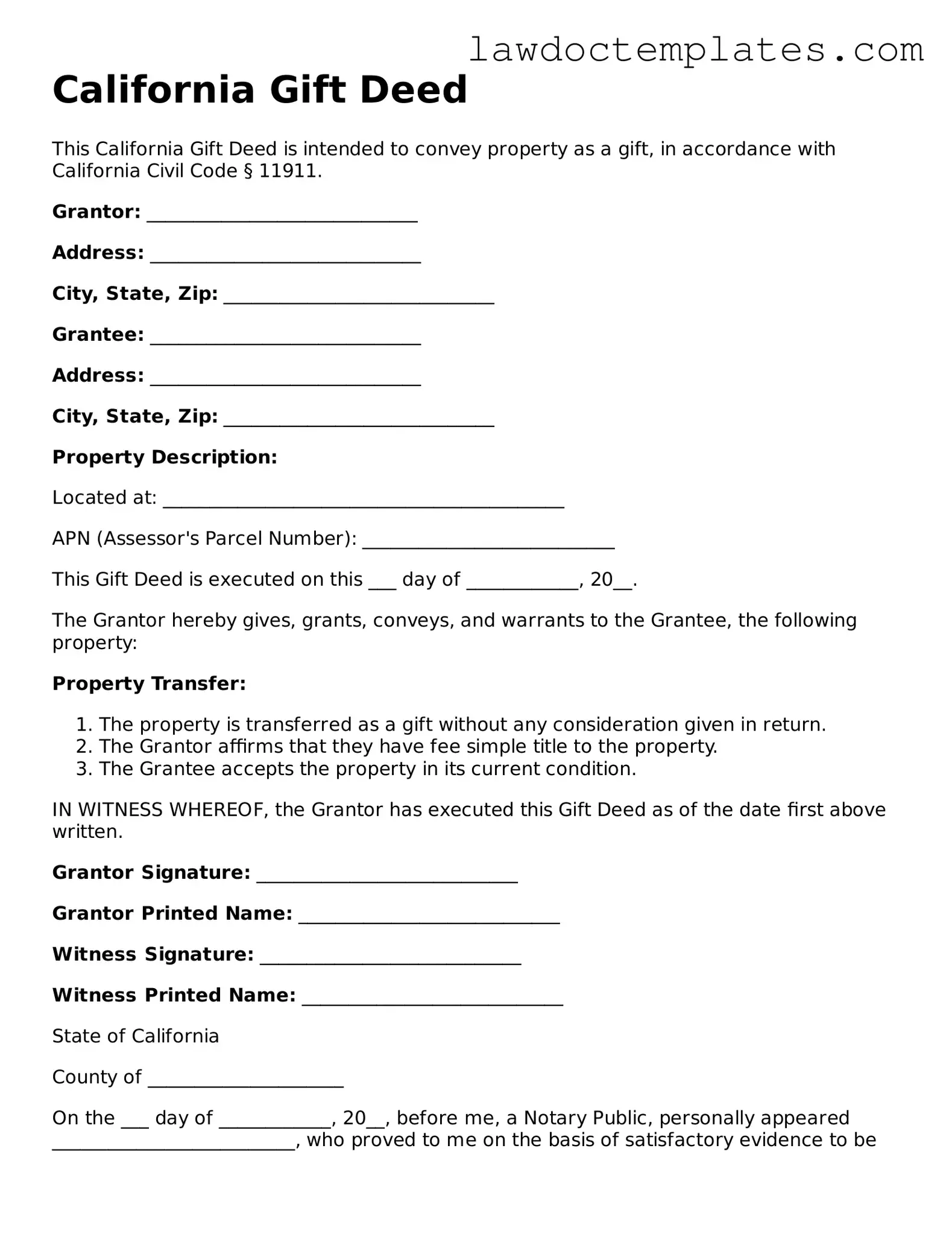 Gift Deed Document for California State