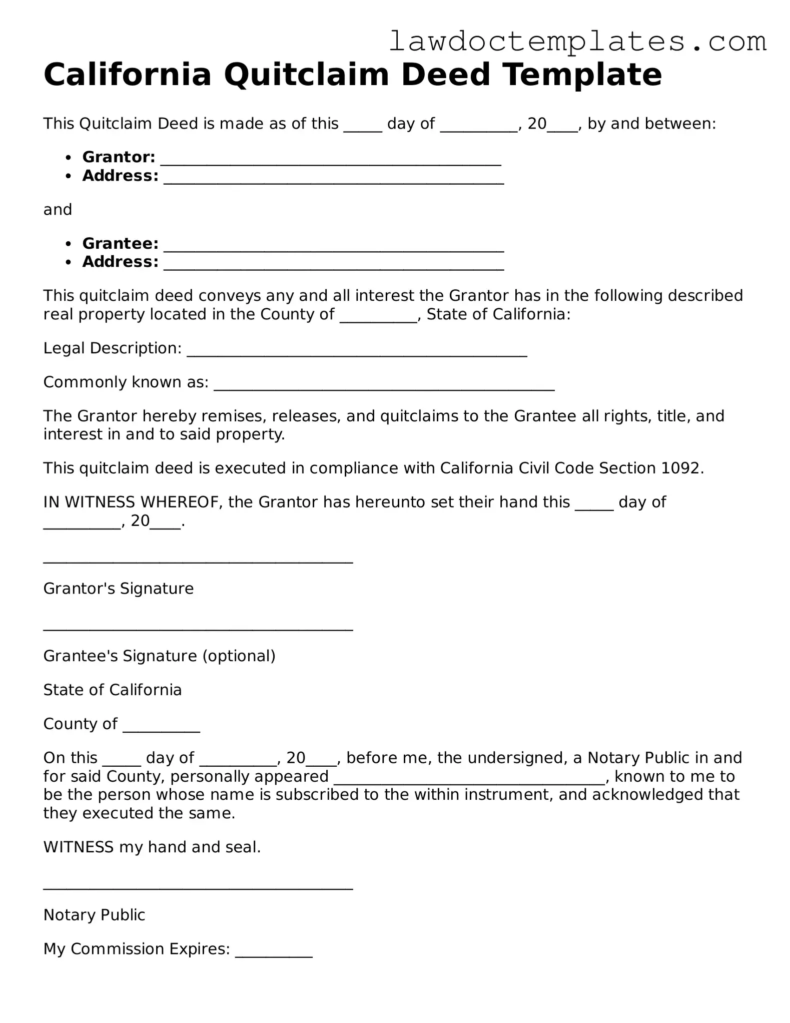 Quitclaim Deed Document for California State