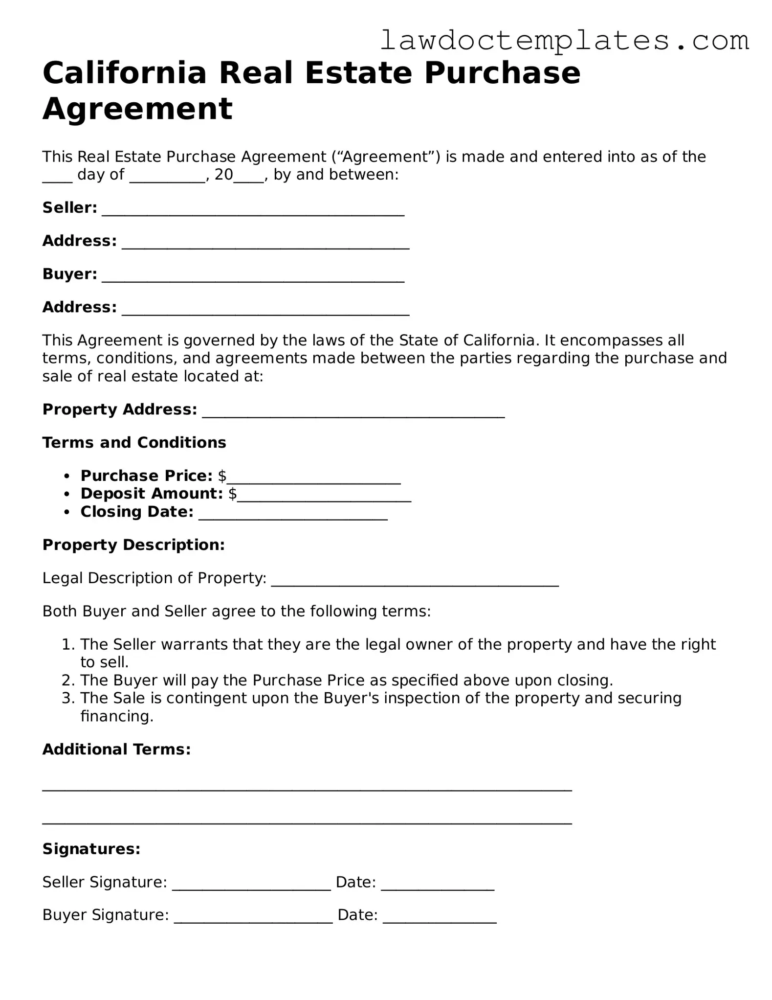 Real Estate Purchase Agreement Document for California State