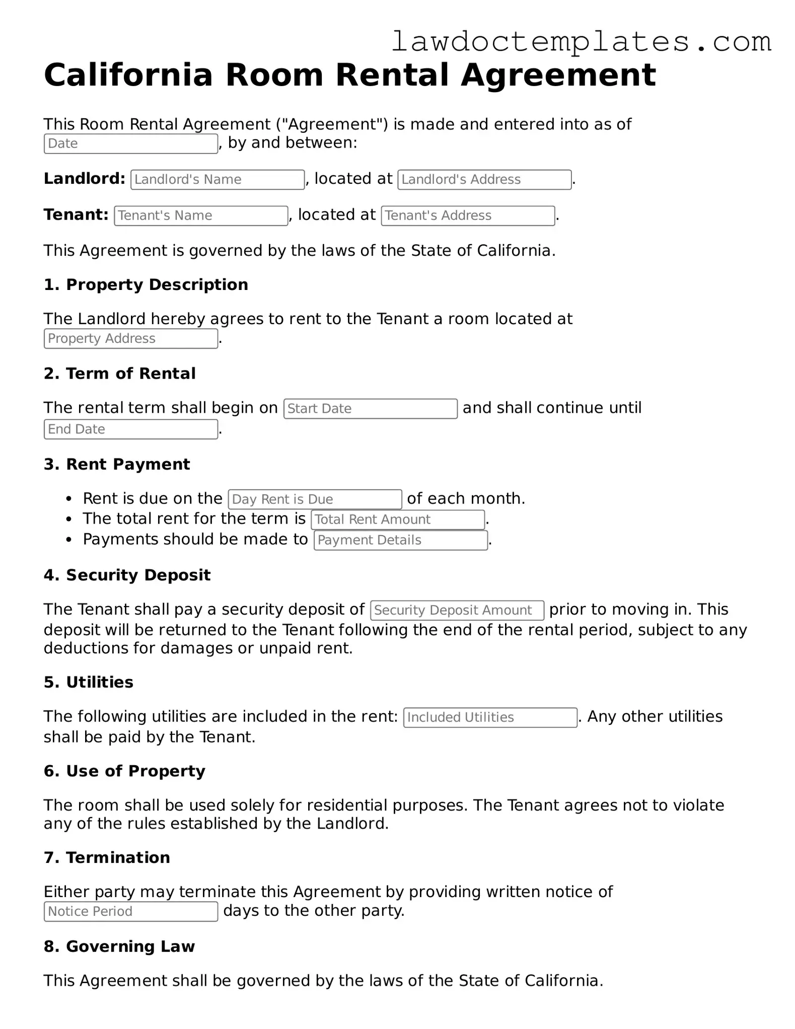 Room Rental Agreement Document for California State