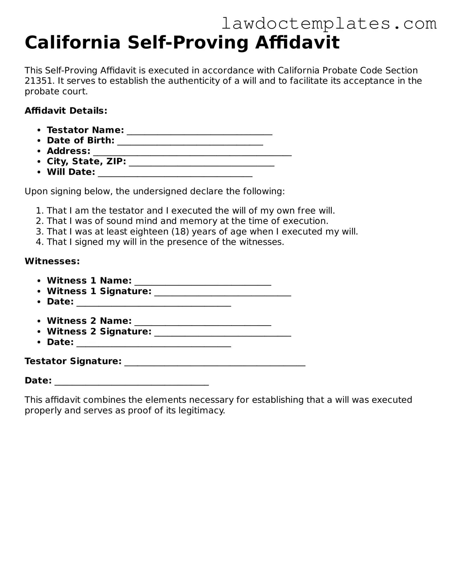 Self-Proving Affidavit Document for California State