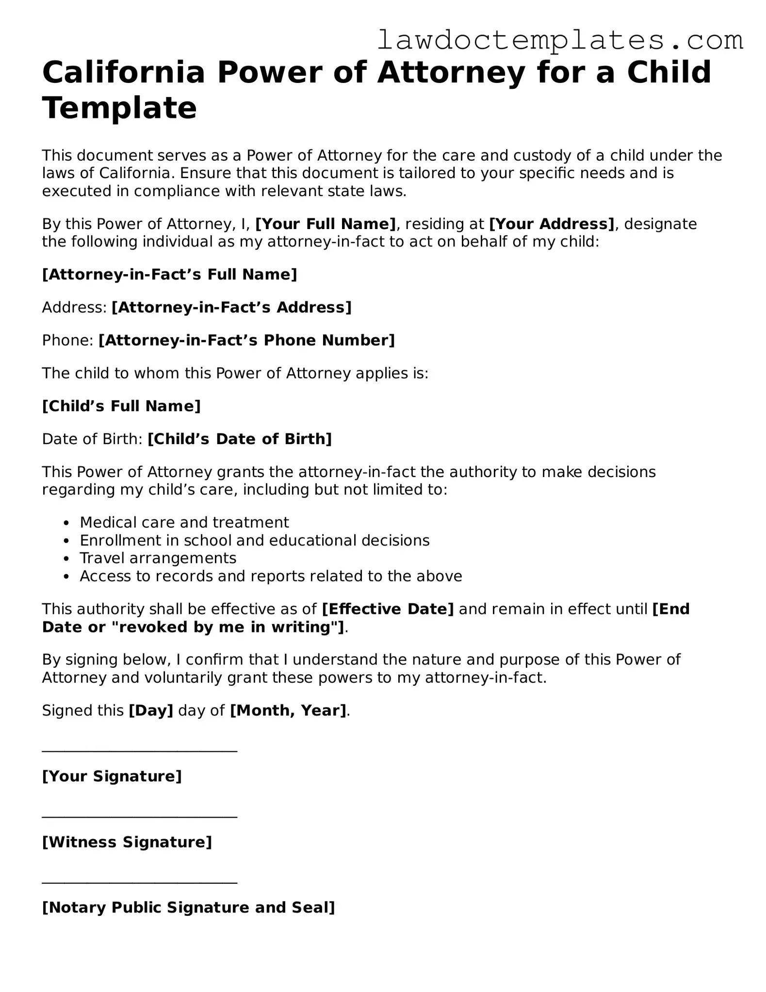 Power of Attorney for a Child Document for California State