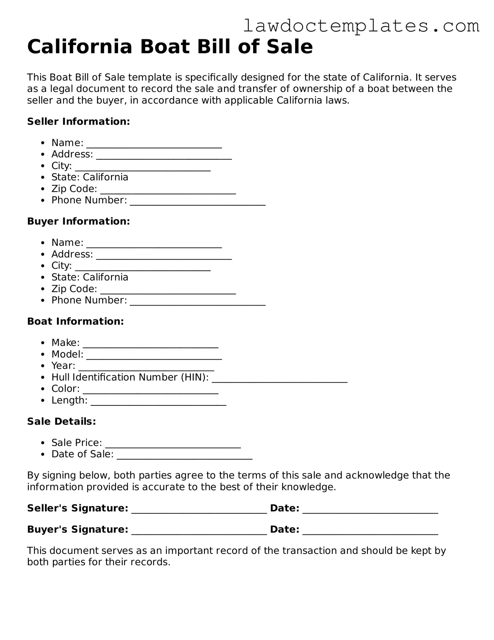 Boat Bill of Sale Document for California State