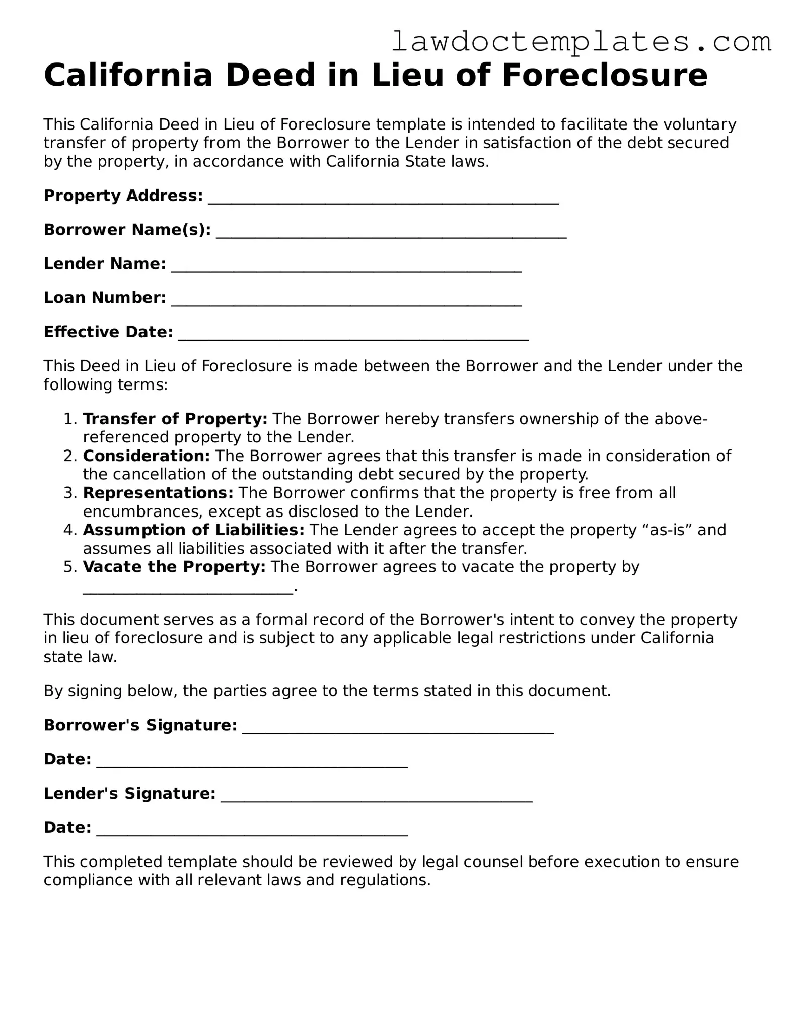 Deed in Lieu of Foreclosure Document for California State