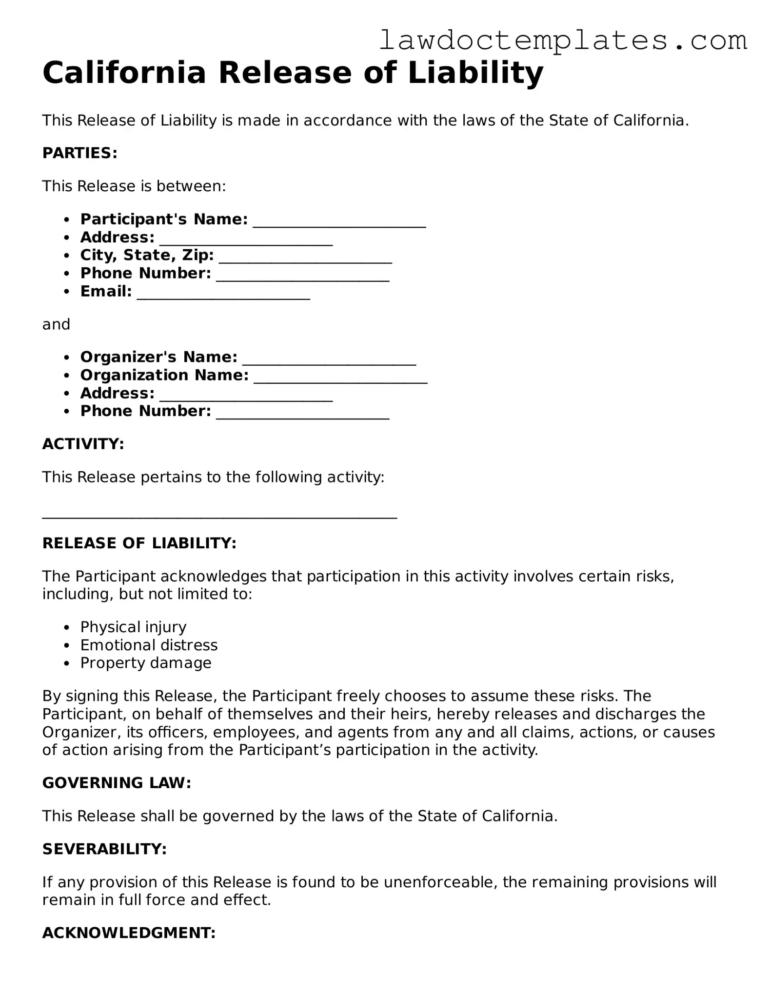 Release of Liability Document for California State