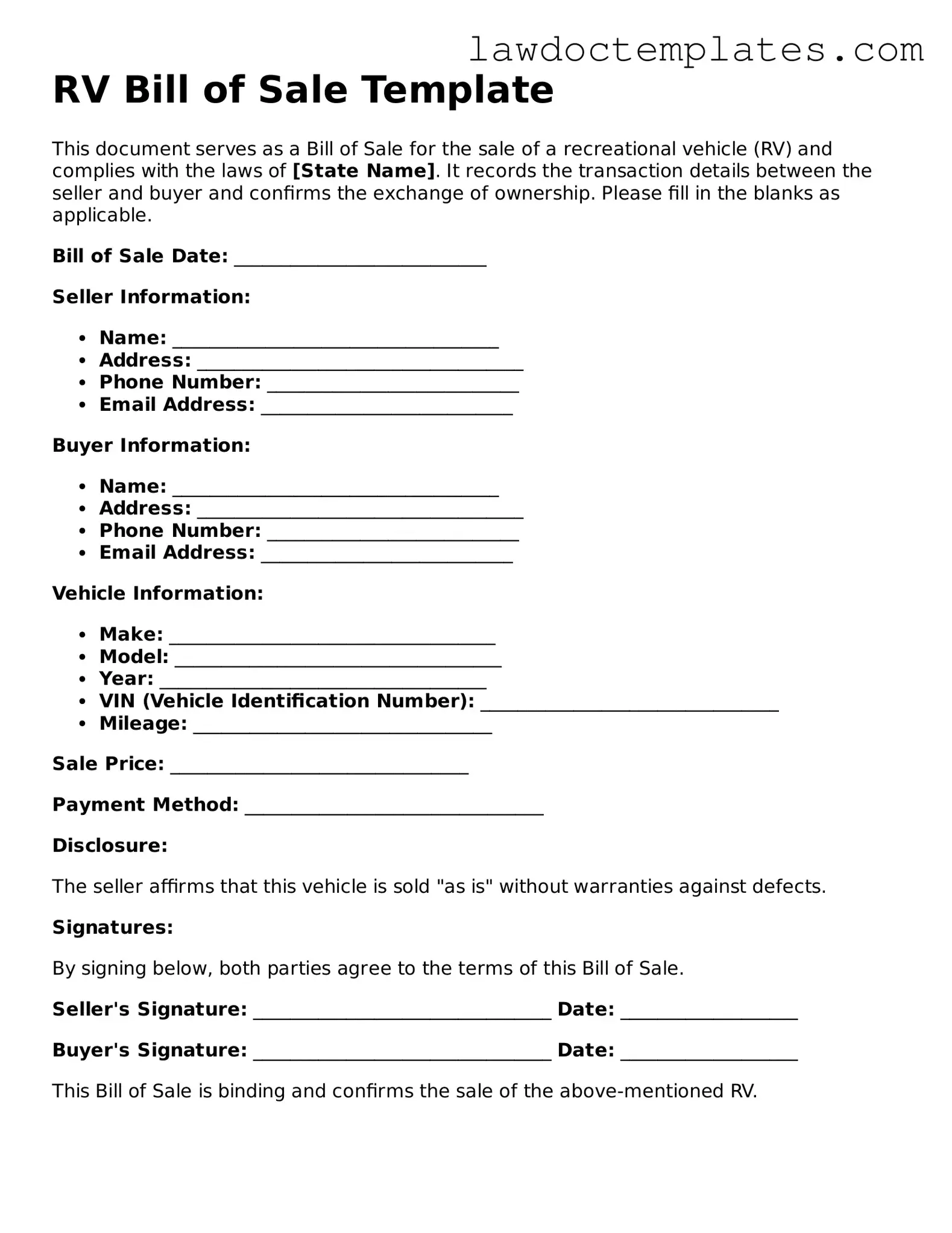 Blank RV Bill of Sale Document