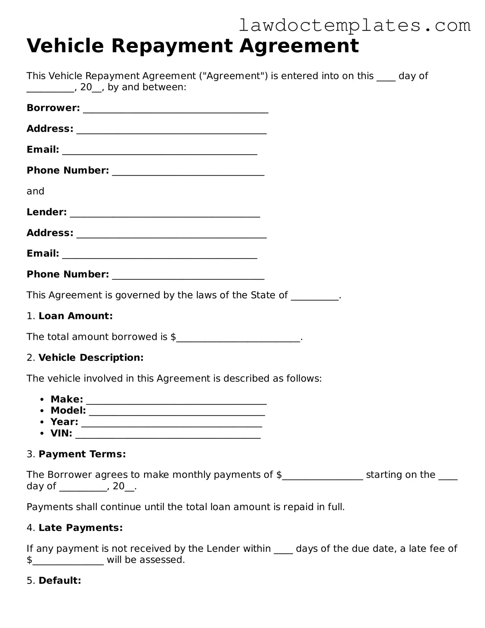 Blank Vehicle Repayment Agreement Document