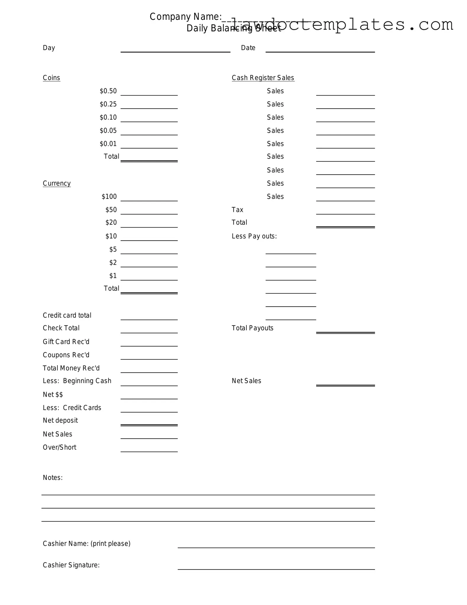 Fill Your Cash Drawer Count Sheet Form