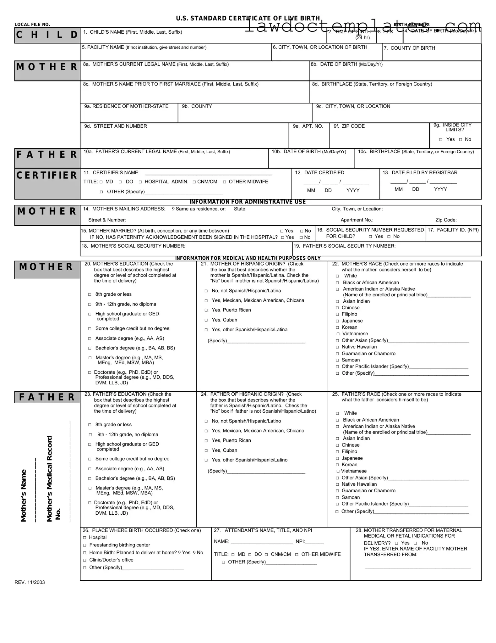 Fill Your CDC U.S. Standard Certificate of Live Birth Form