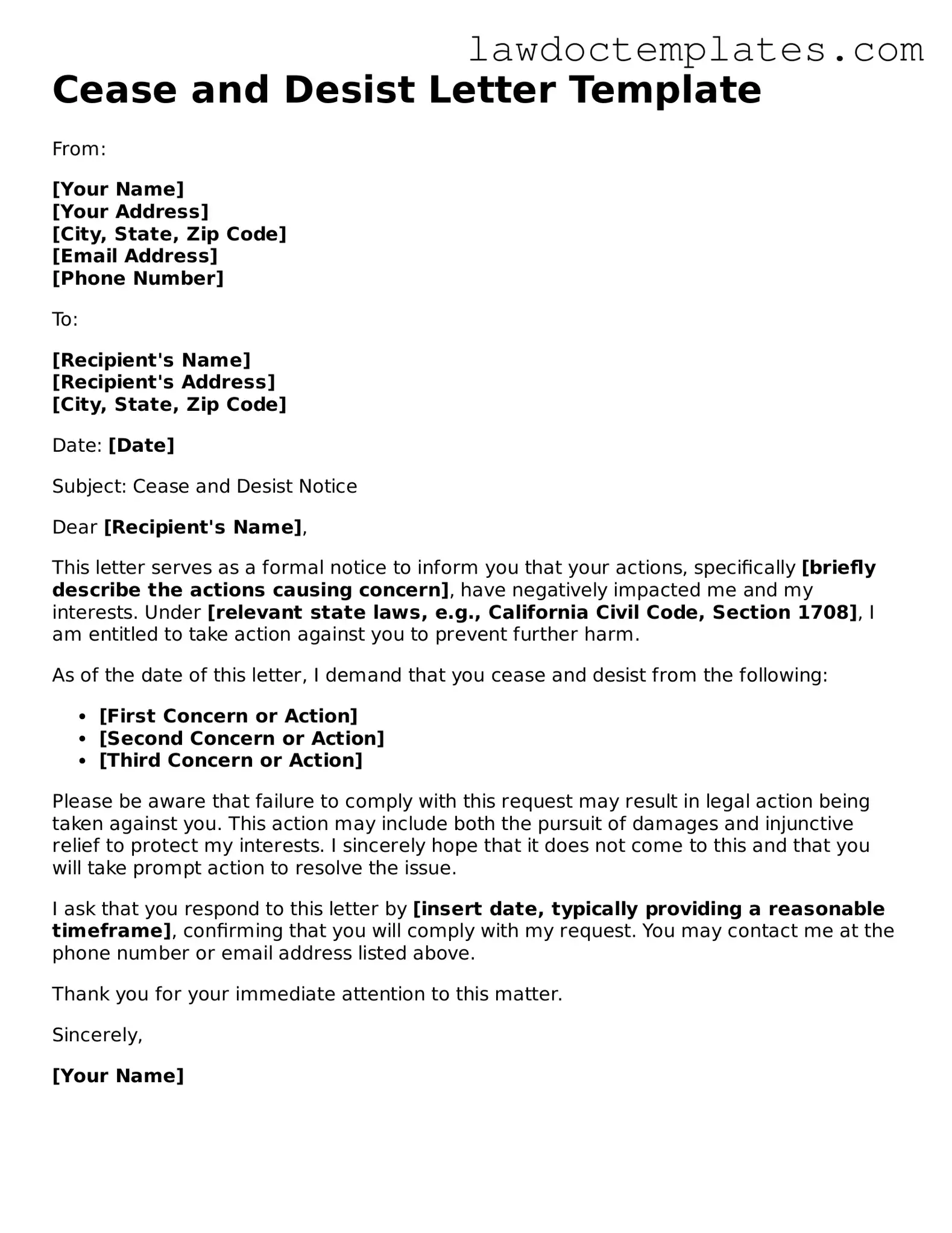Blank Cease and Desist Letter Document