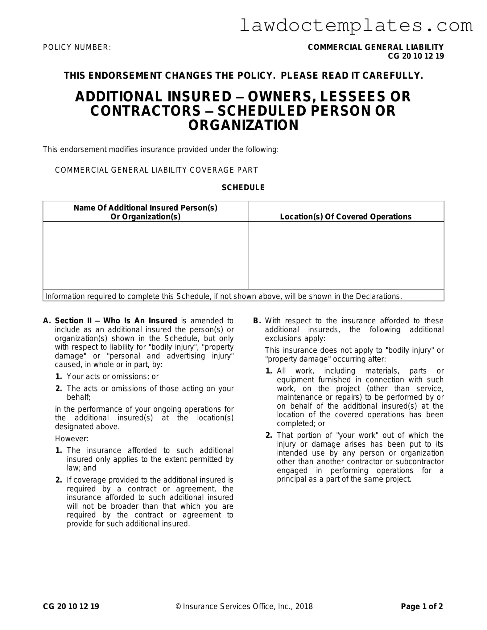 Fill Your Cg 20 10 07 04 Liability Endorsement Form