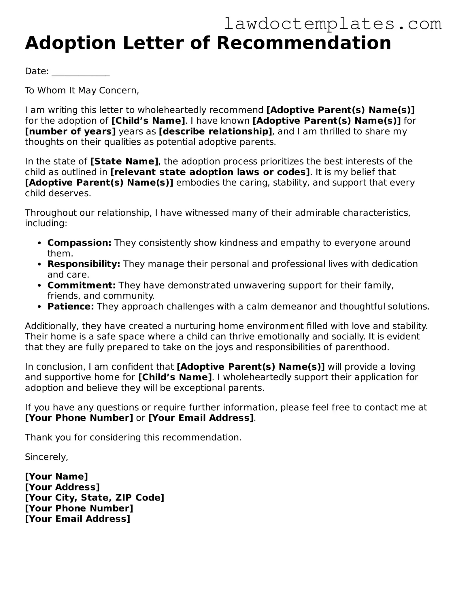 Blank Adoption Letter of Recommendation Document