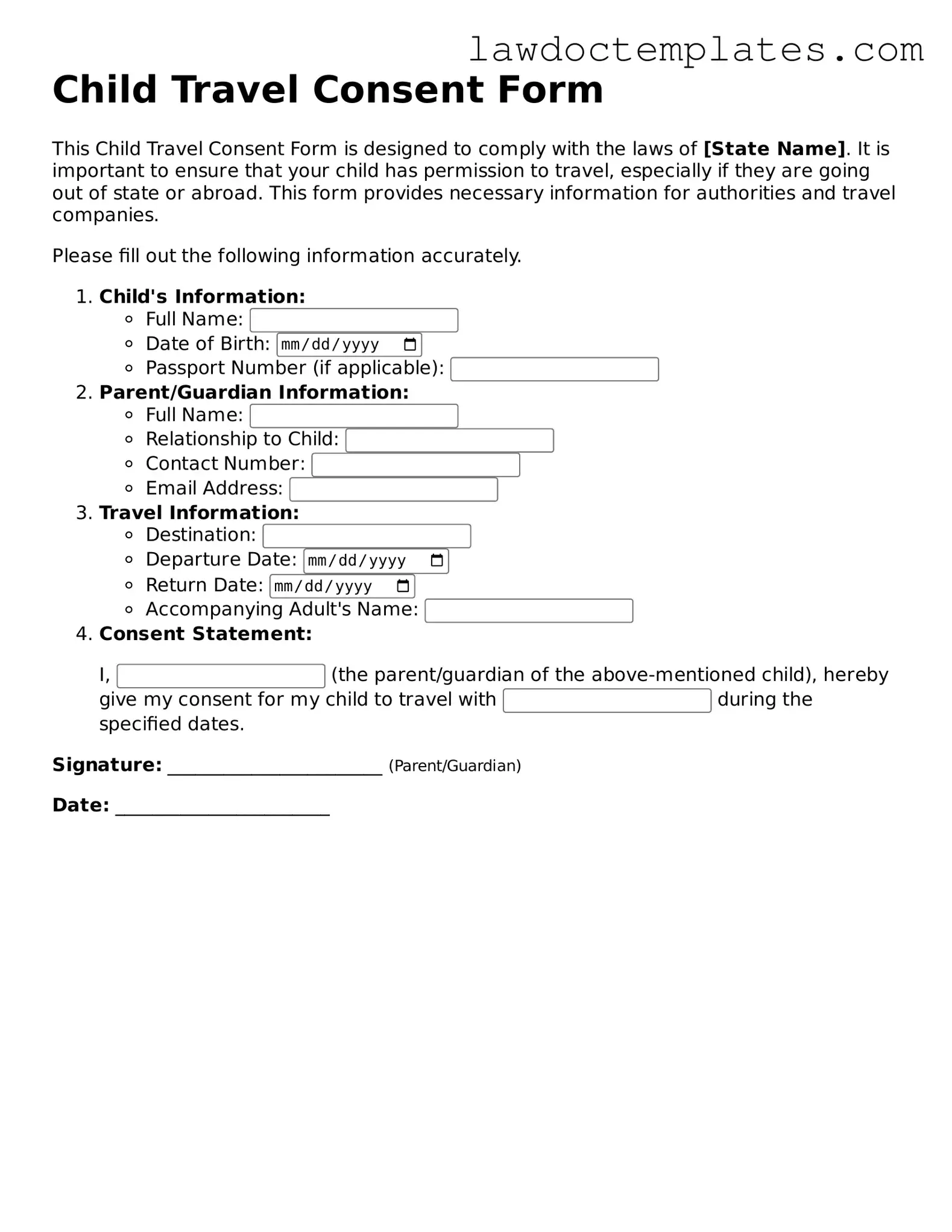 Blank Child Travel Consent Form Document