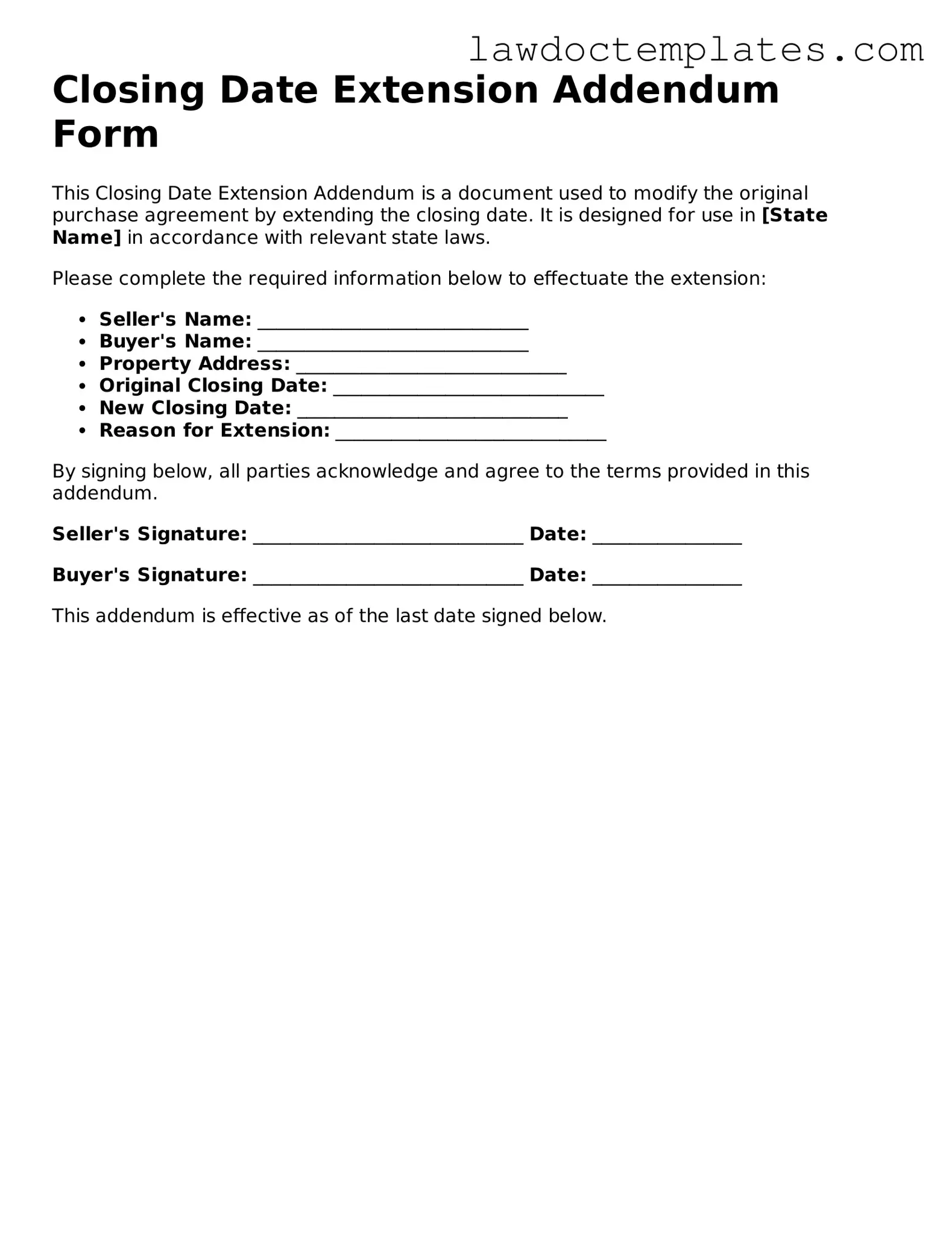 Blank Closing Date Extension Addendum Form Document
