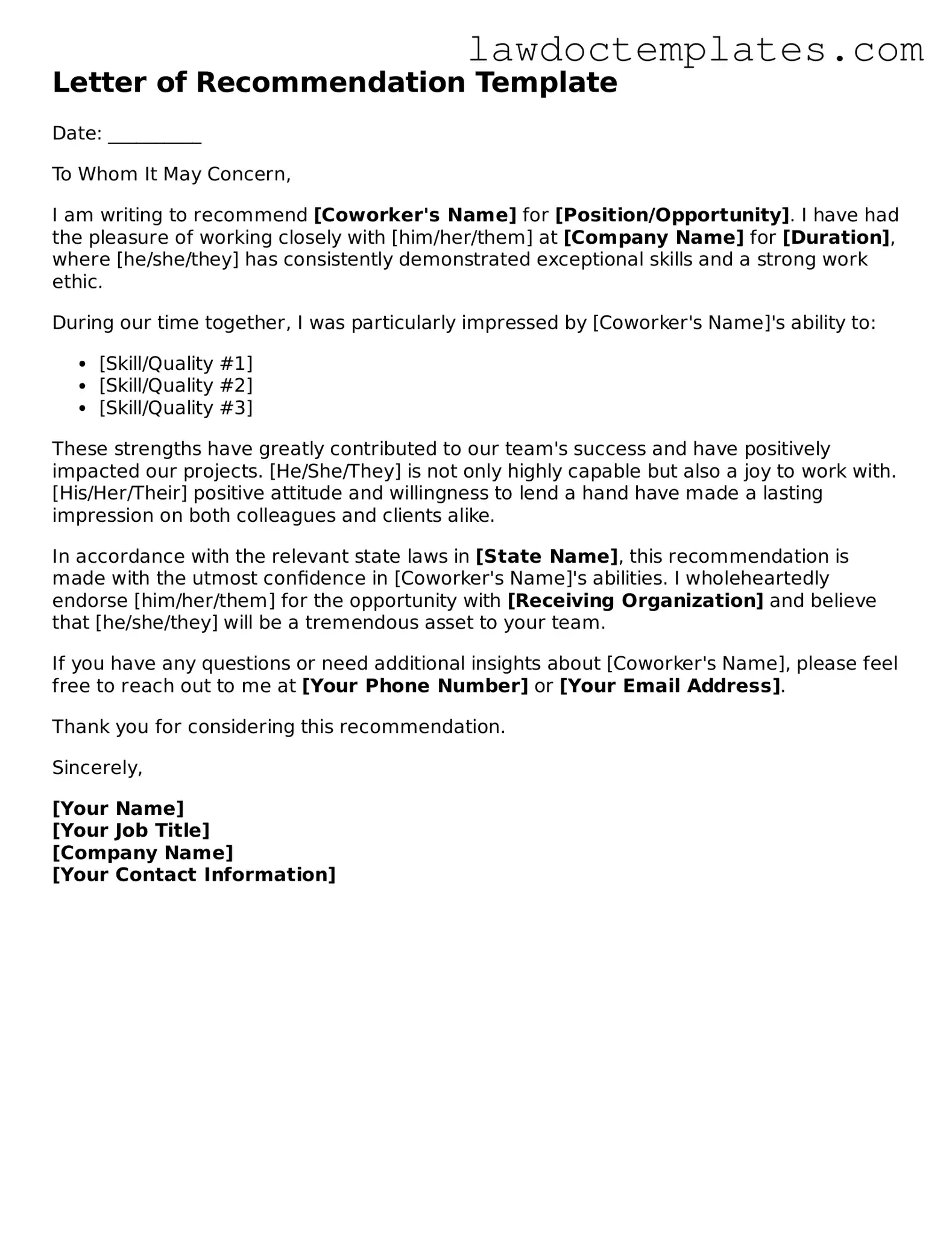Blank Letter of Recommendation for Coworker Document