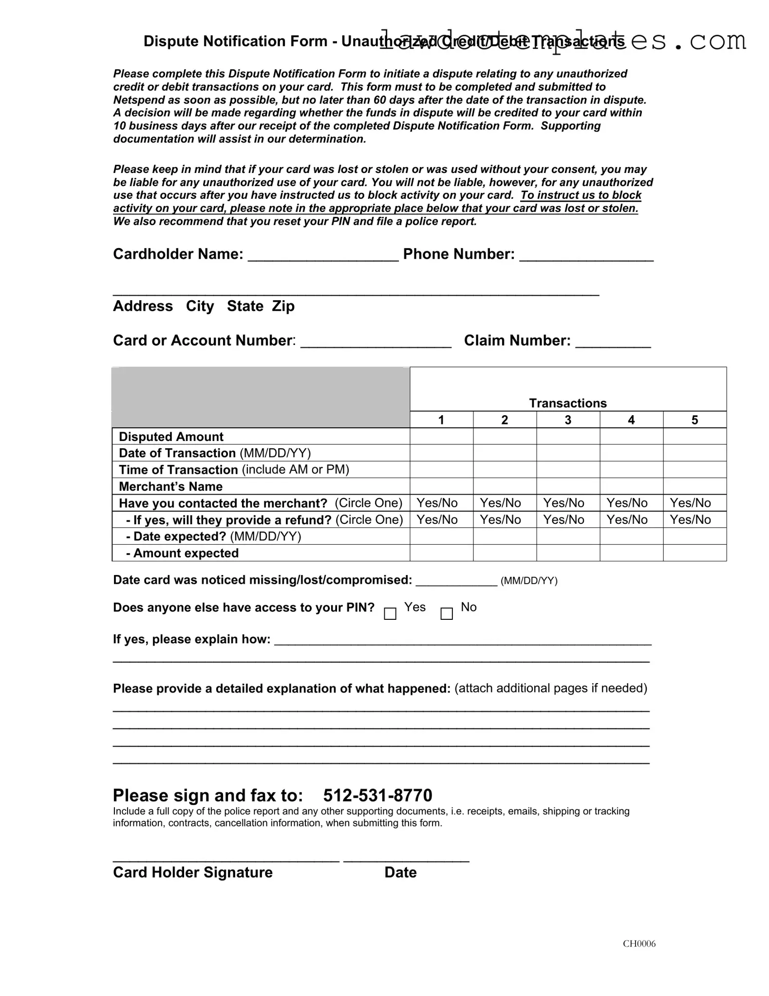 Fill Your Netspend Dispute Form