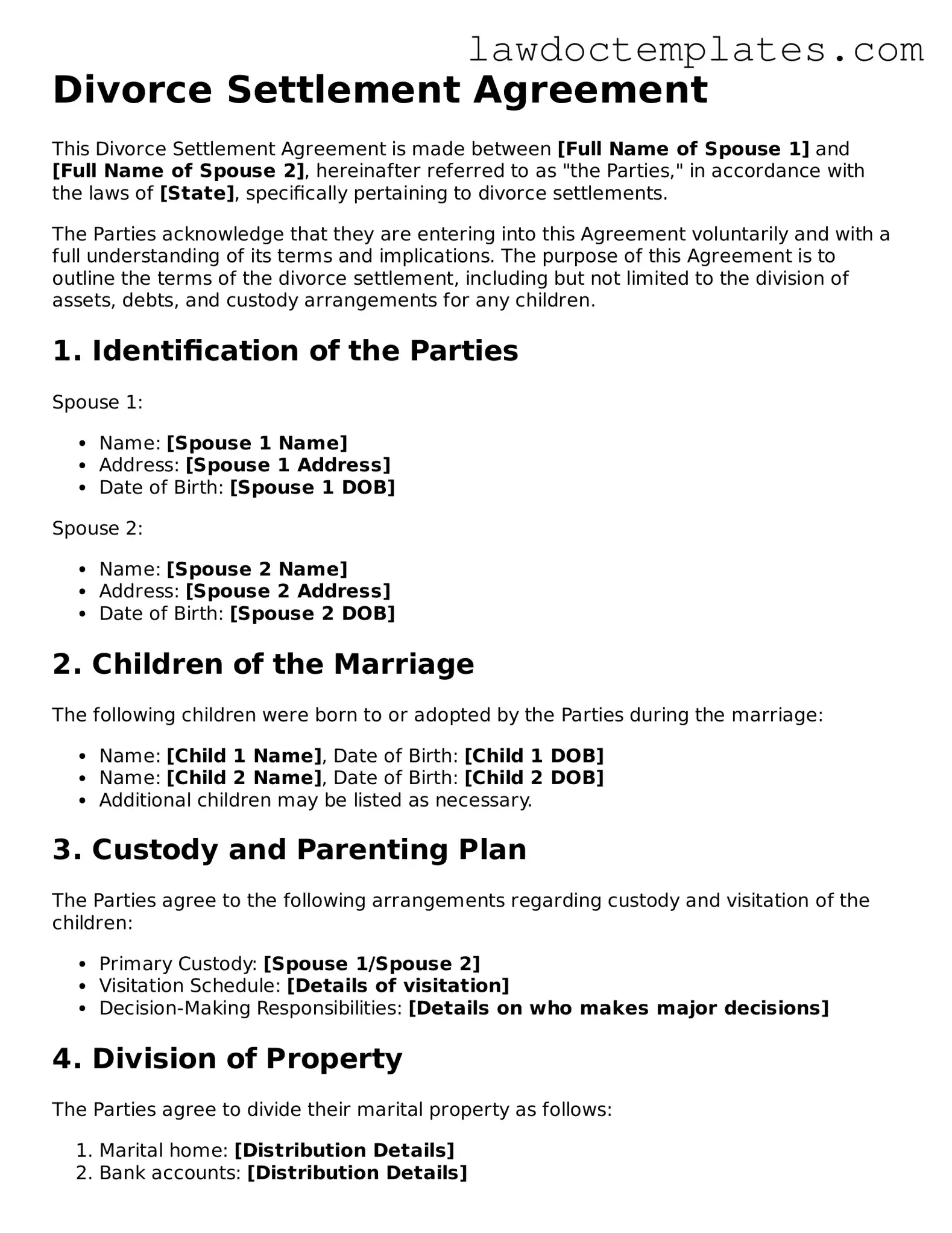 Blank Divorce Settlement Agreement Document
