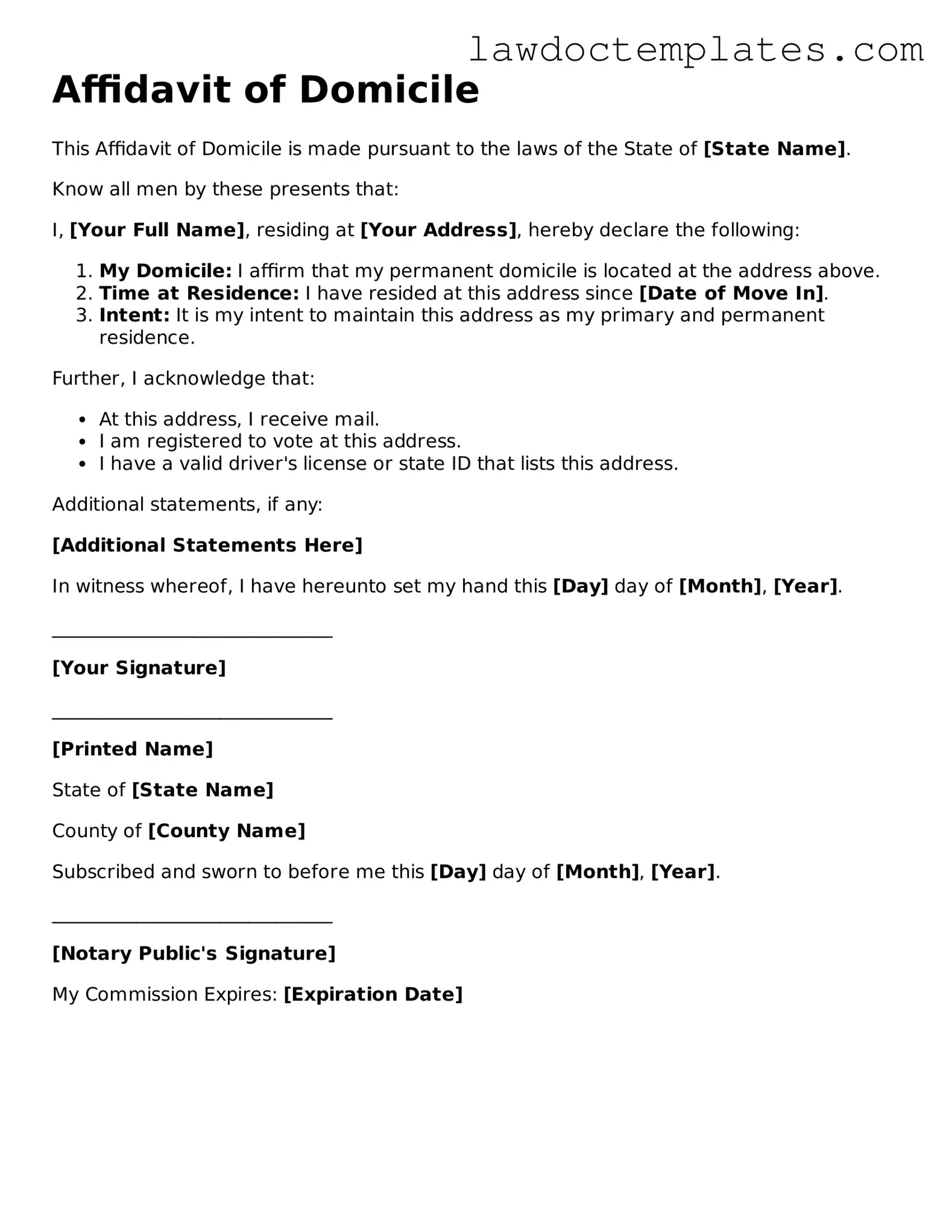 Blank Affidavit of Domicile Document