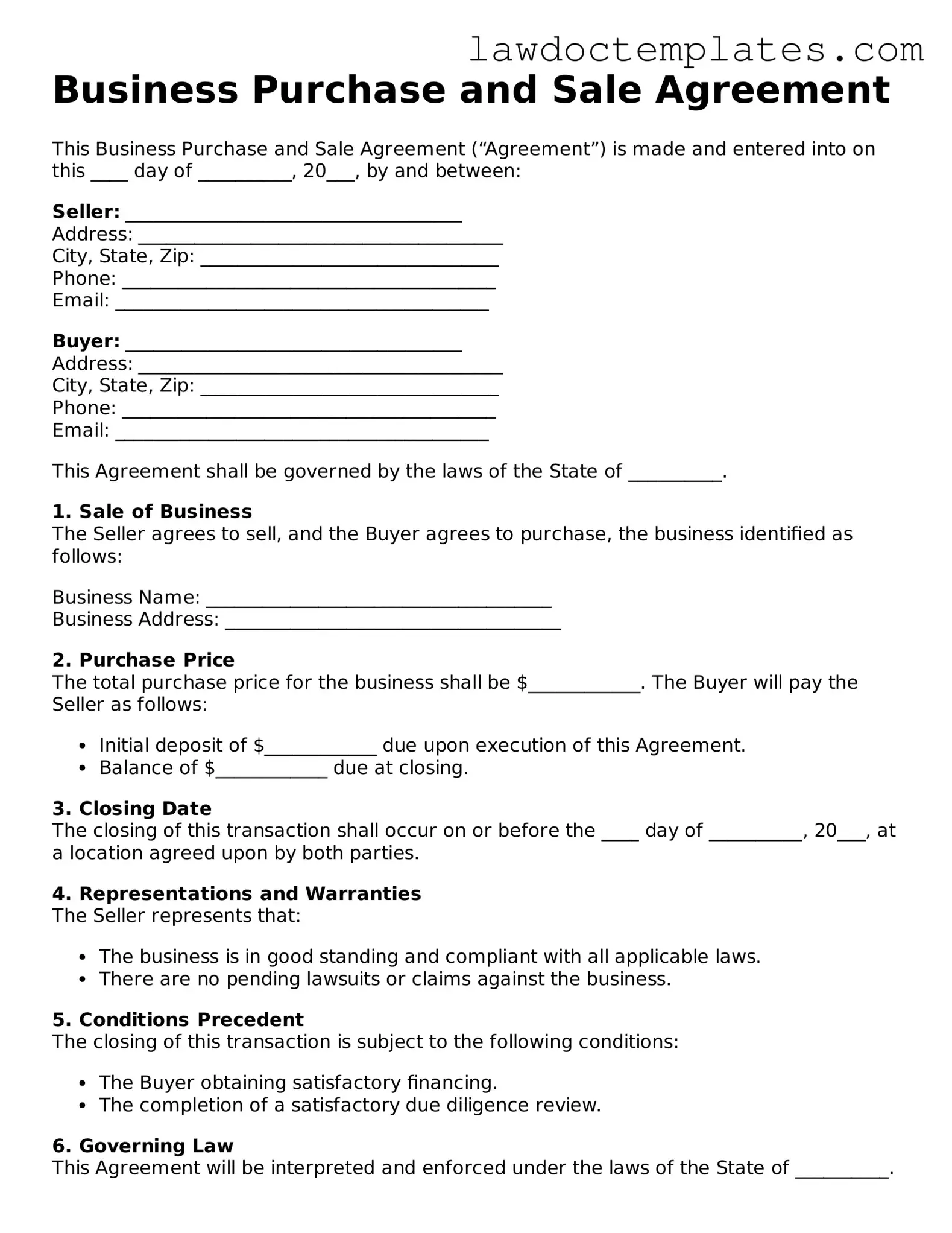 Blank Business Purchase and Sale Agreement Document