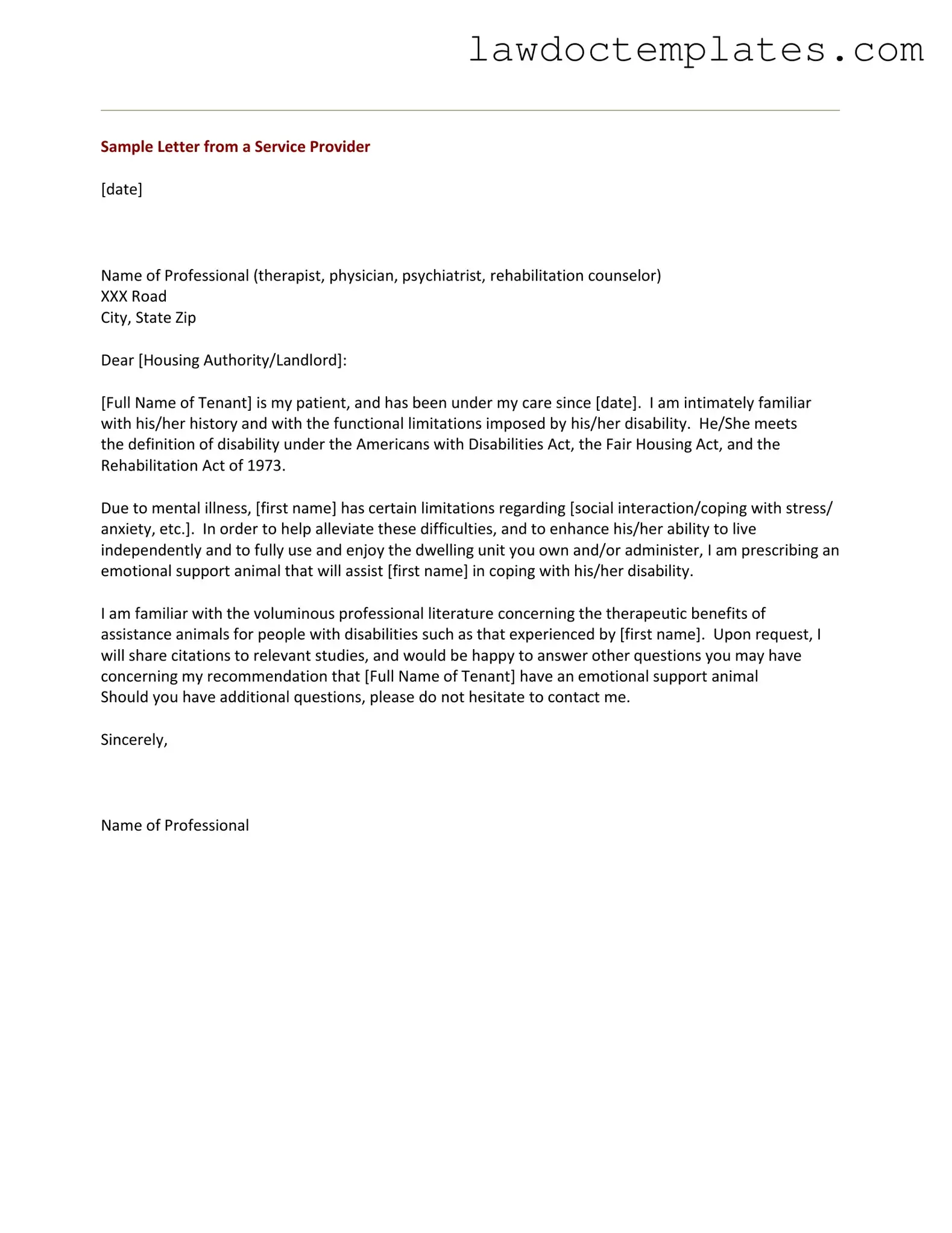 Fill Your Emotional Support Animal Letter Form