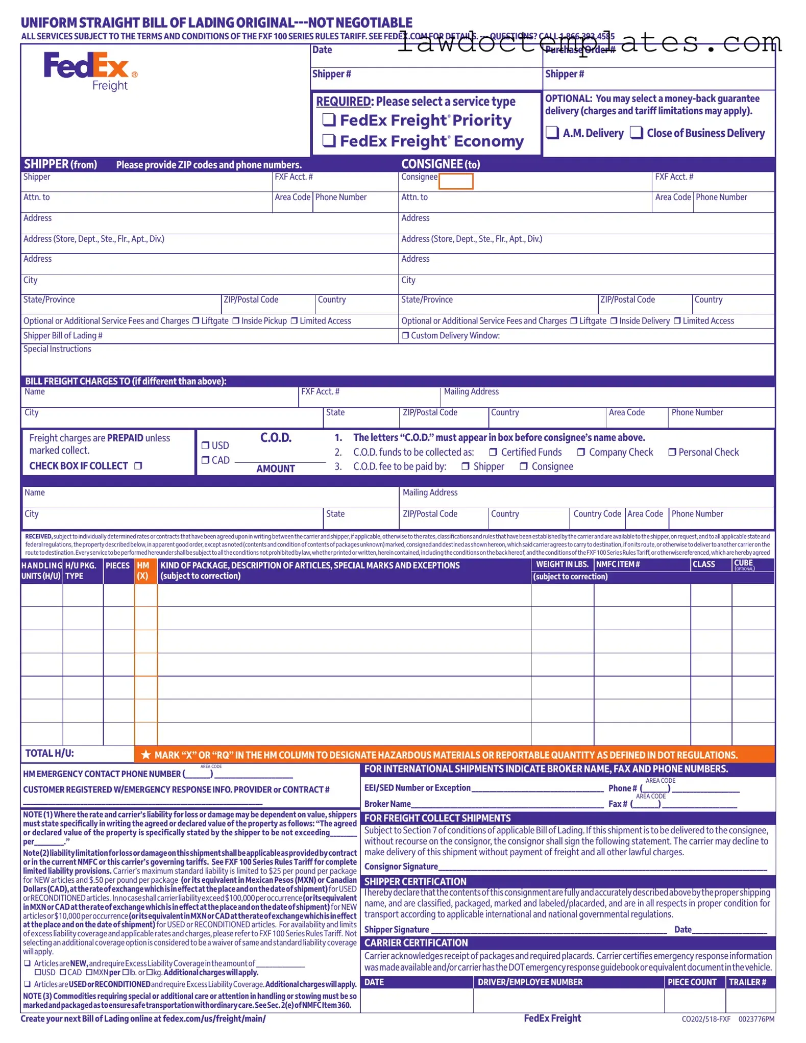 Fill Your Fedex Bill Of Lading Form