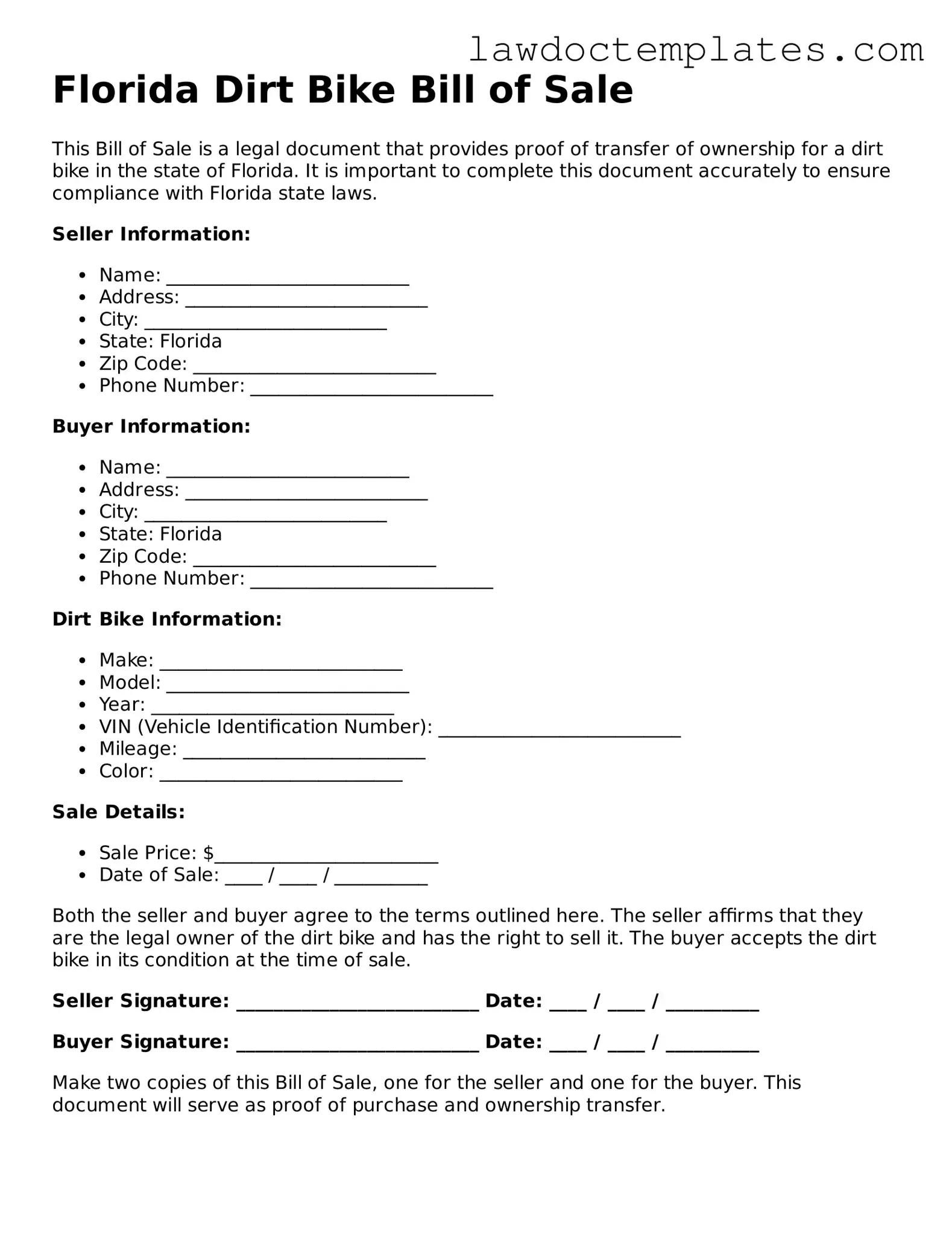 Dirt Bike Bill of Sale Document for Florida State