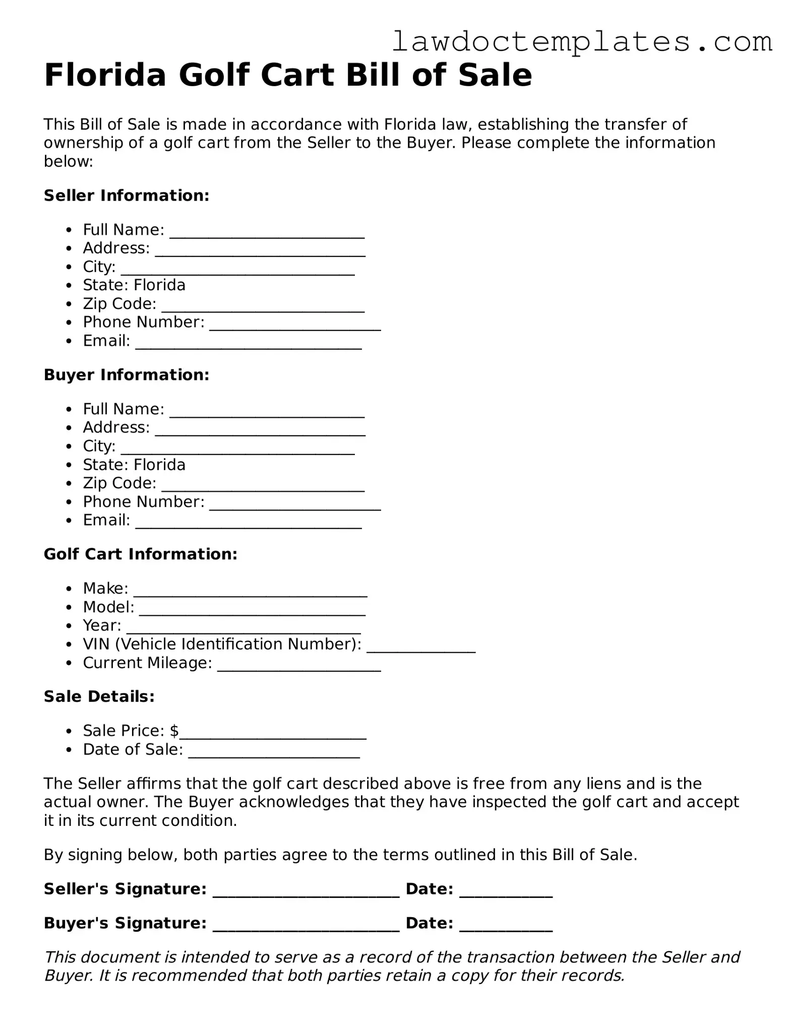 Golf Cart Bill of Sale Document for Florida State