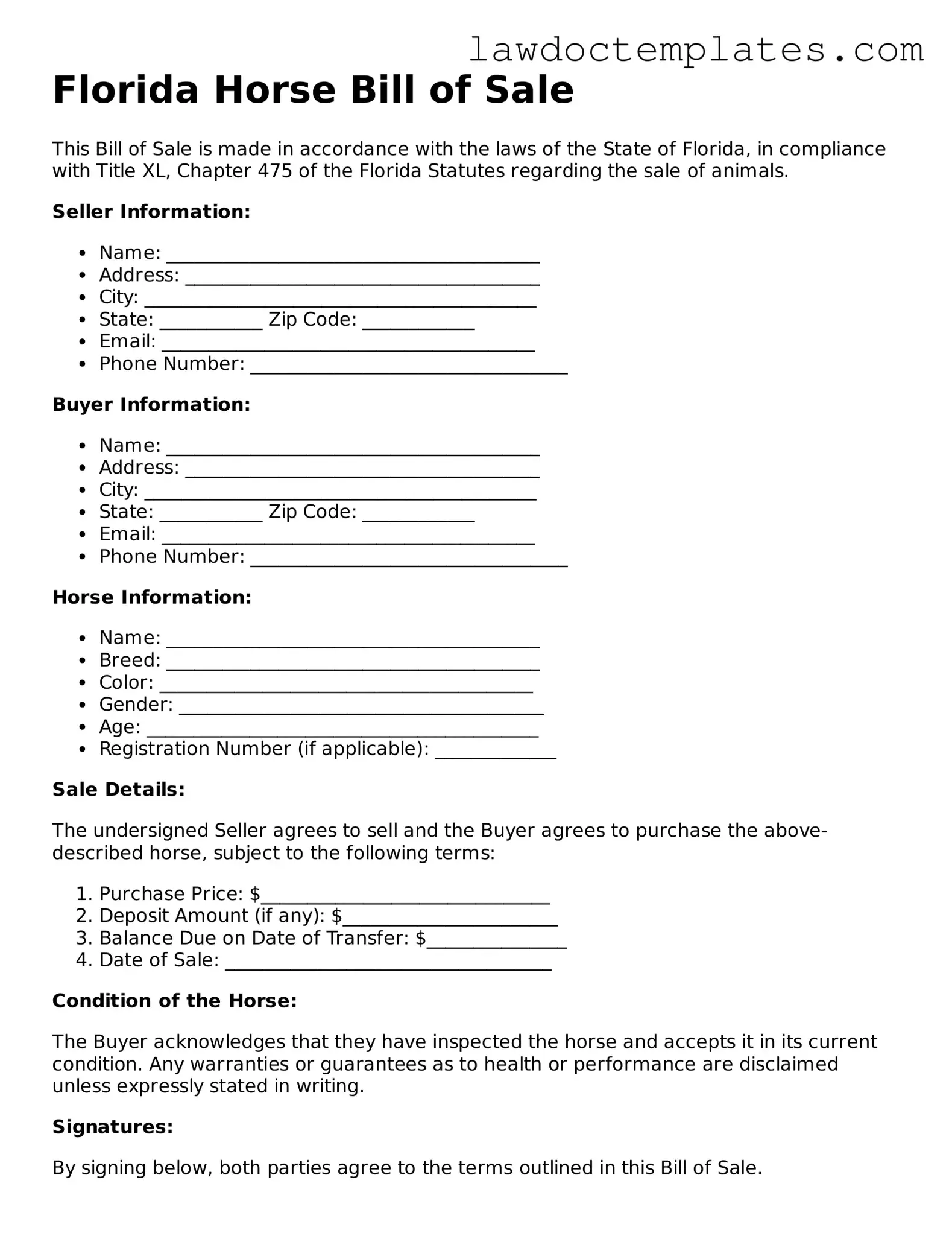 Horse Bill of Sale Document for Florida State