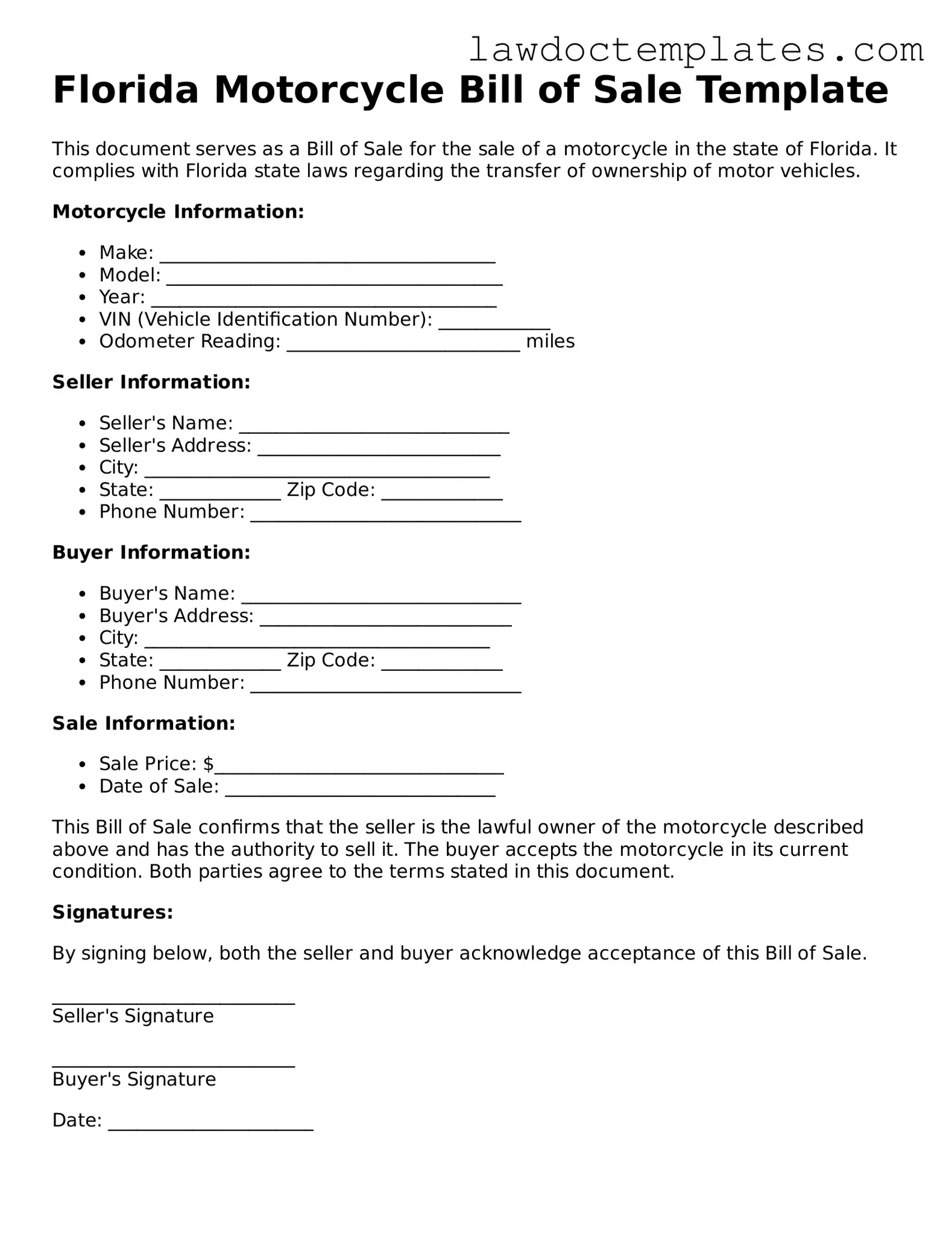 Motorcycle Bill of Sale Document for Florida State