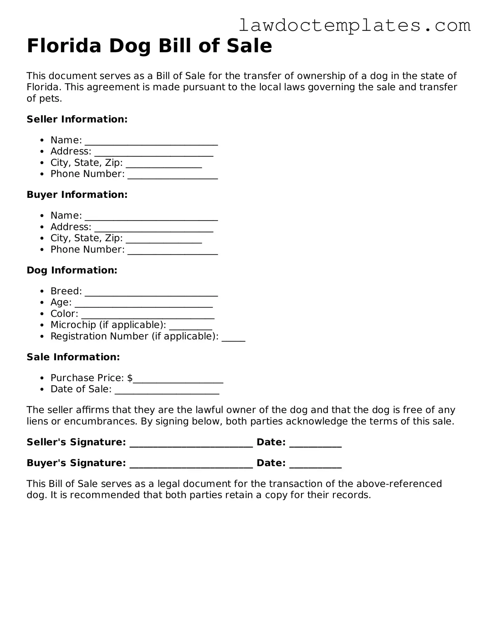 Dog Bill of Sale Document for Florida State