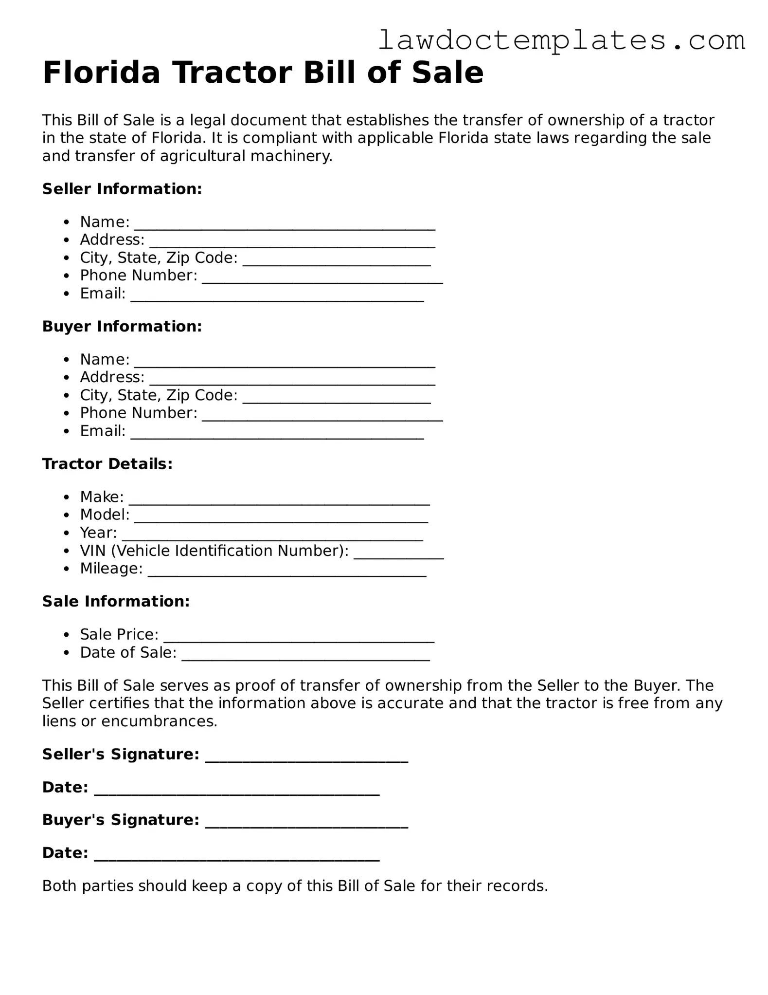 Tractor Bill of Sale Document for Florida State