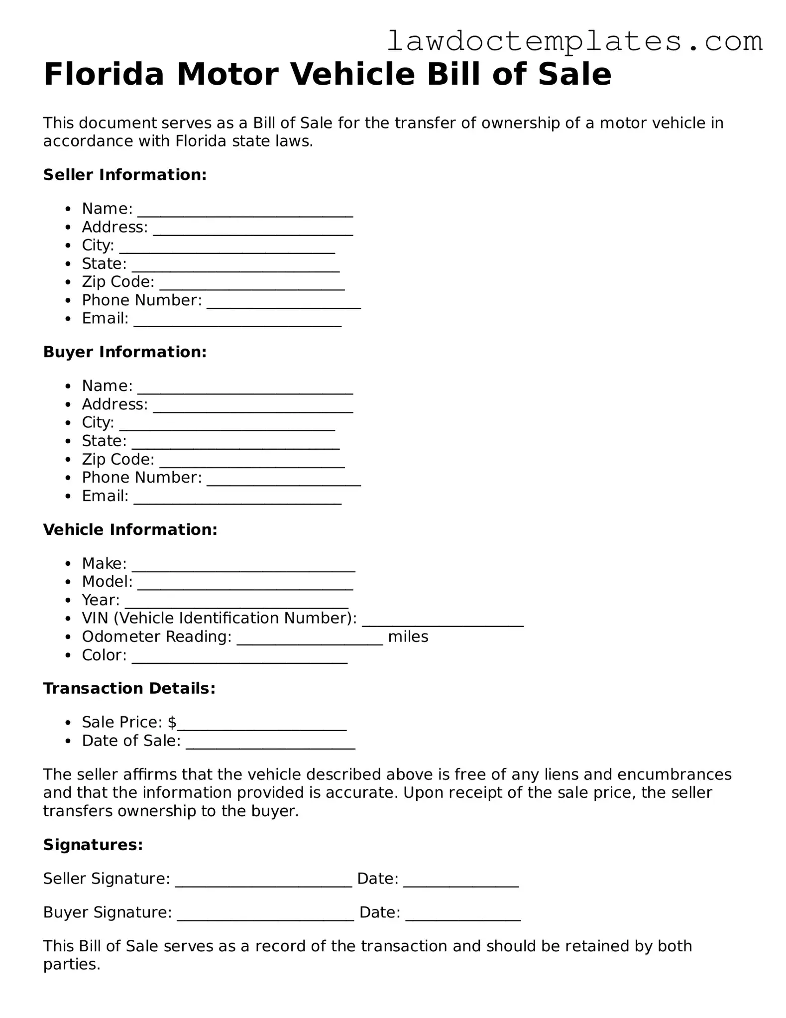 Motor Vehicle Bill of Sale Document for Florida State