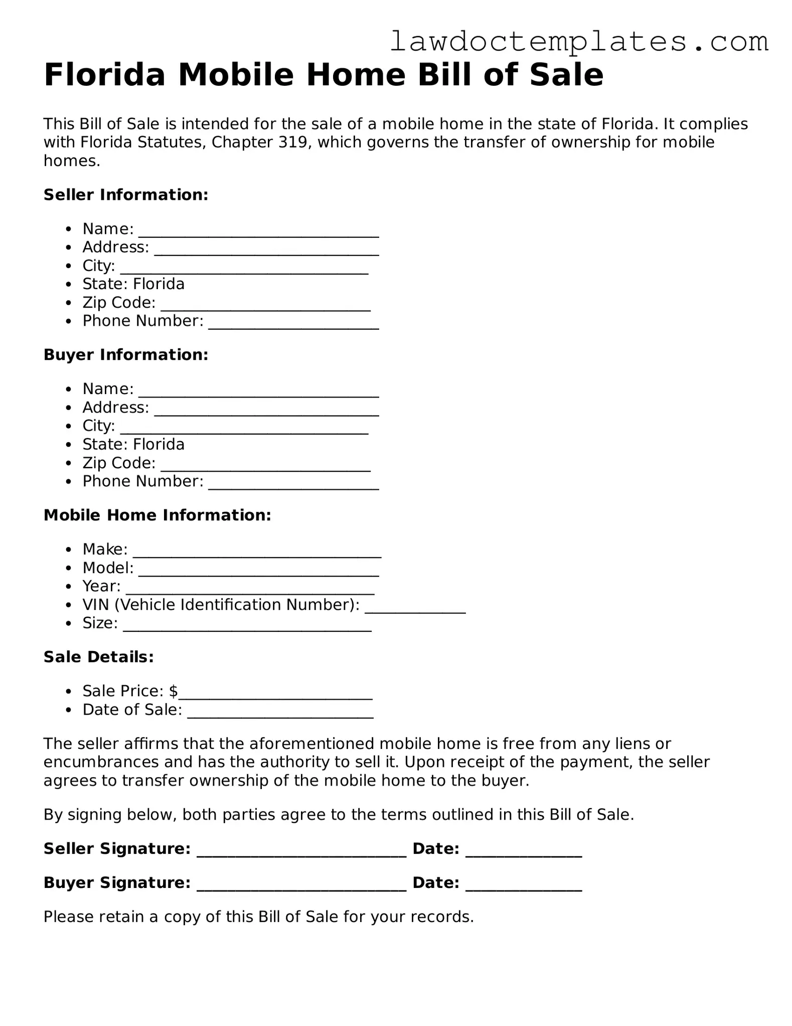 Mobile Home Bill of Sale Document for Florida State