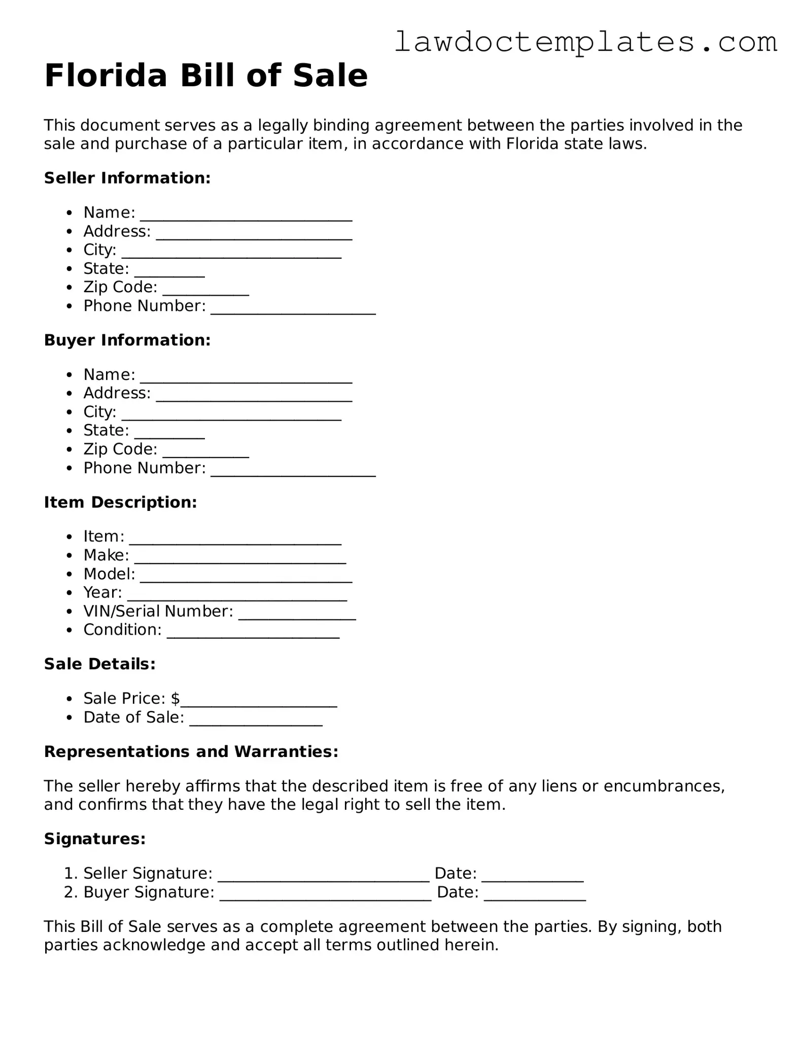 Bill of Sale Document for Florida State