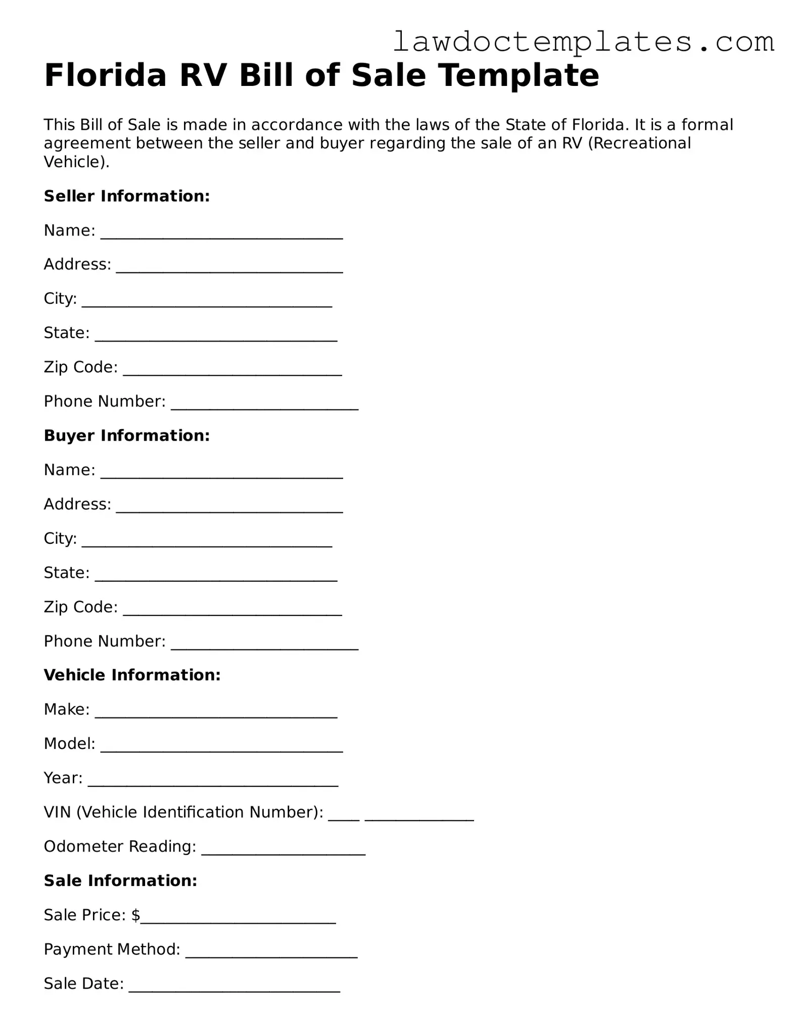 RV Bill of Sale Document for Florida State