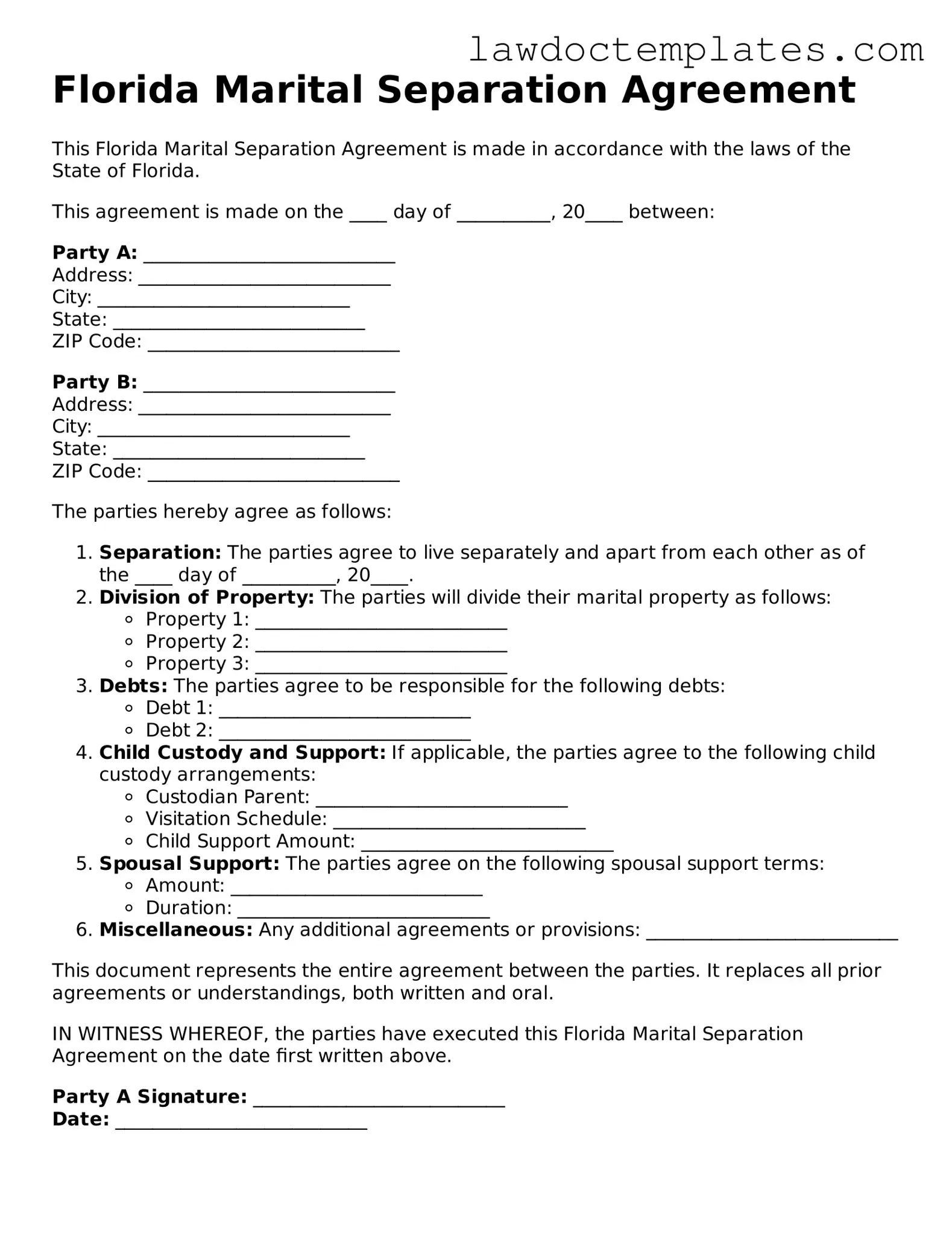 Marital Separation Agreement Document for Florida State