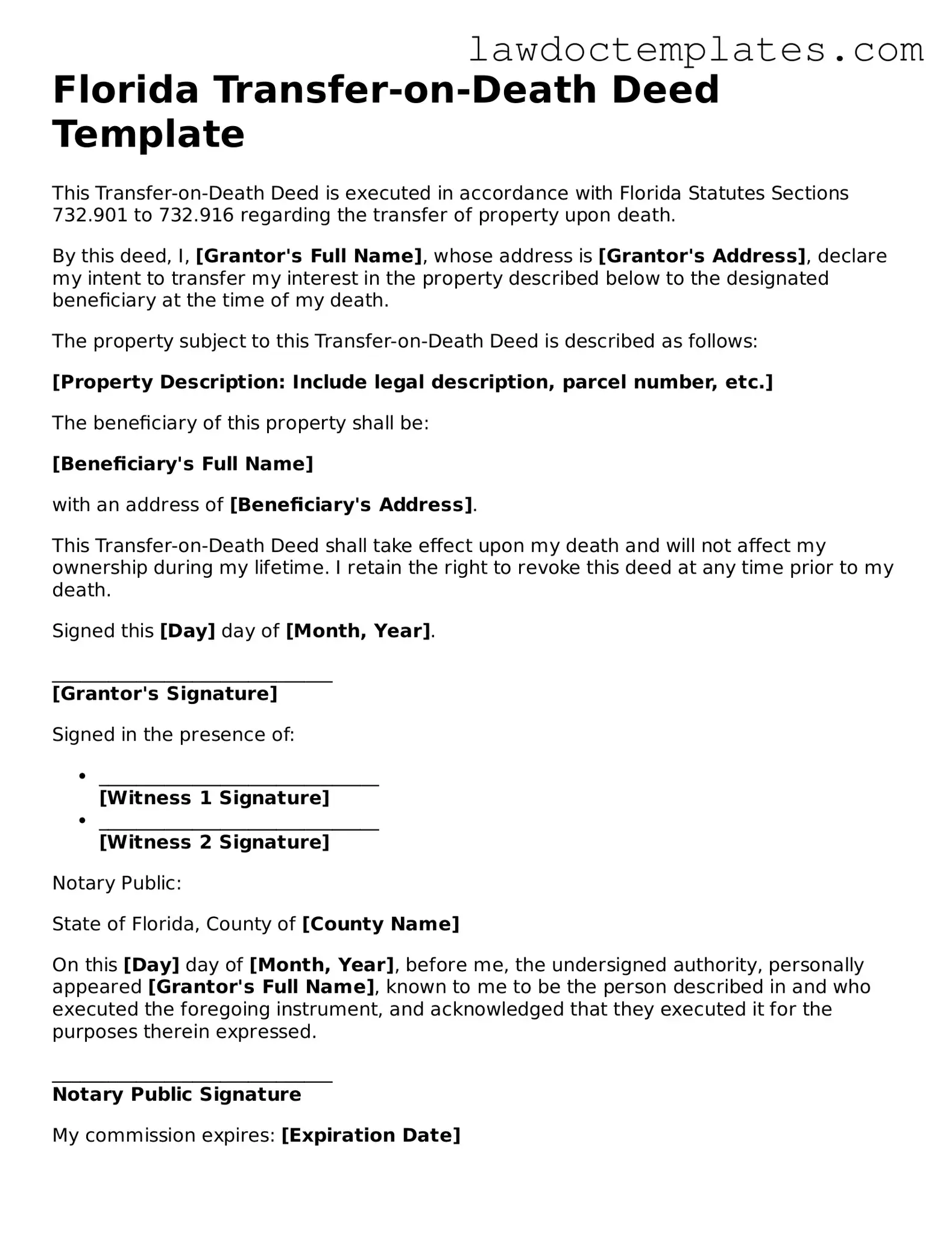 Transfer-on-Death Deed Document for Florida State