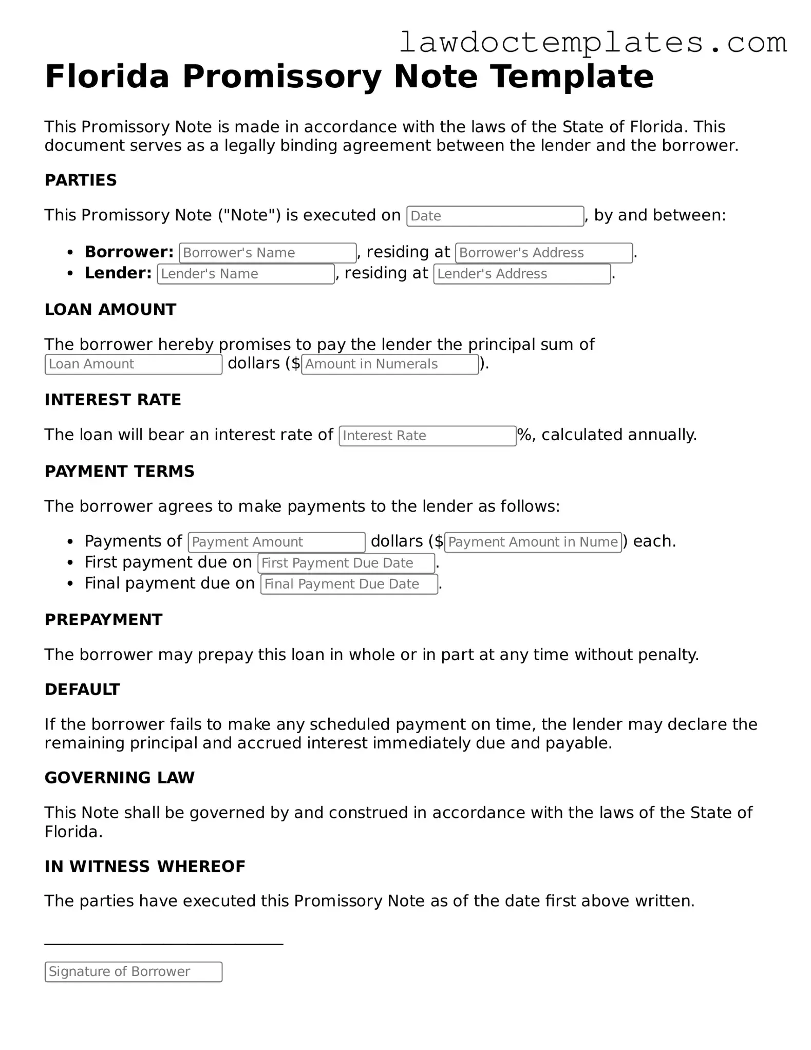 Promissory Note Document for Florida State