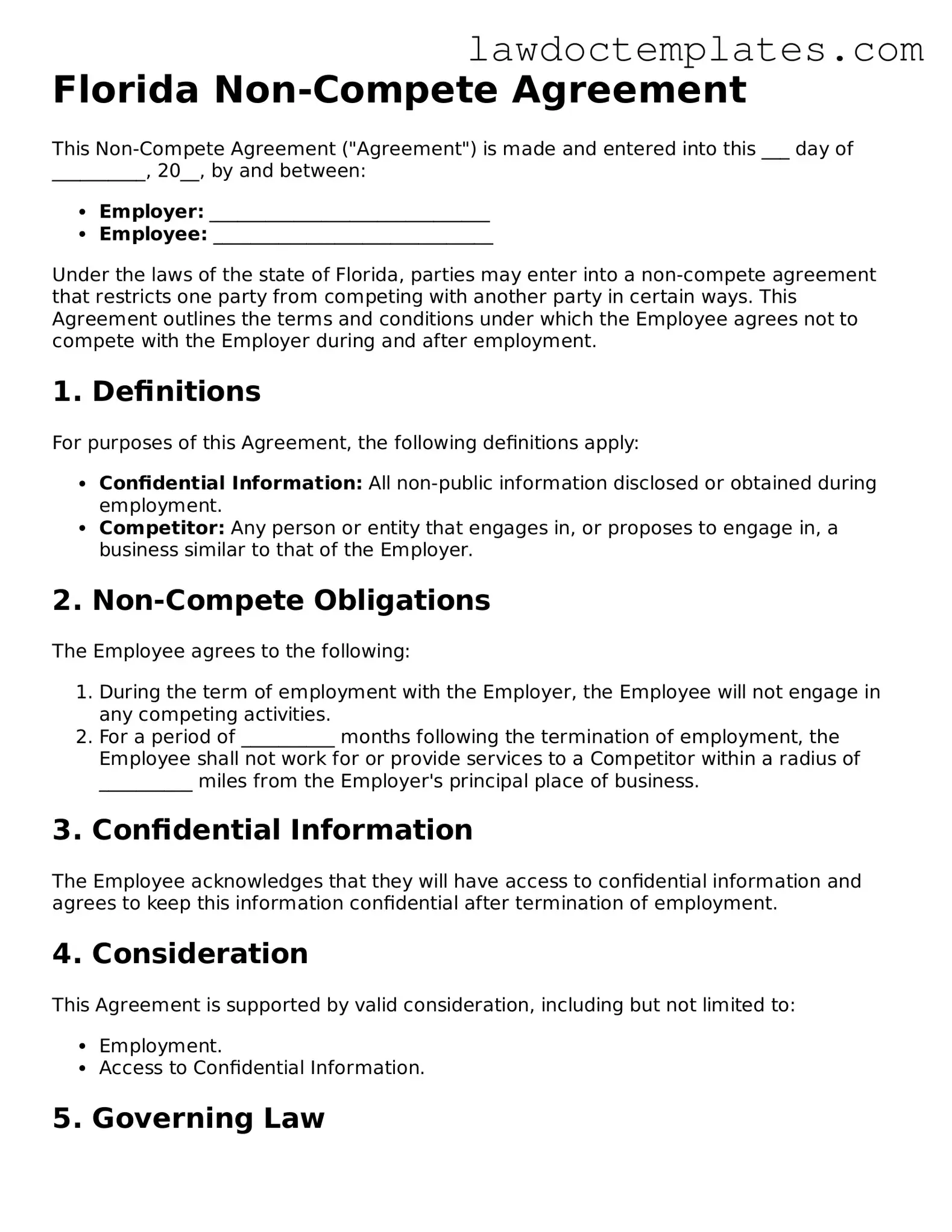 Non-compete Agreement Document for Florida State