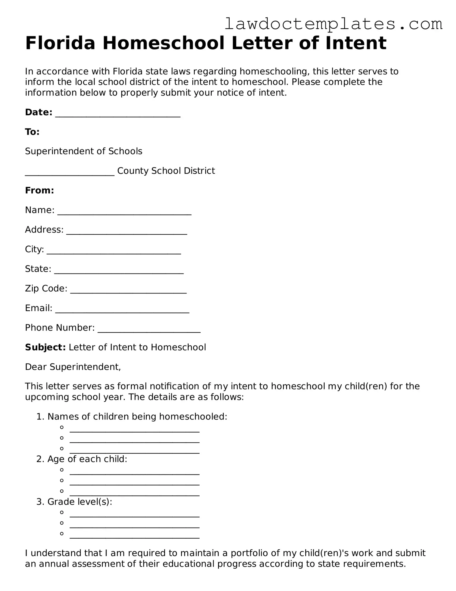 Homeschool Letter of Intent Document for Florida State