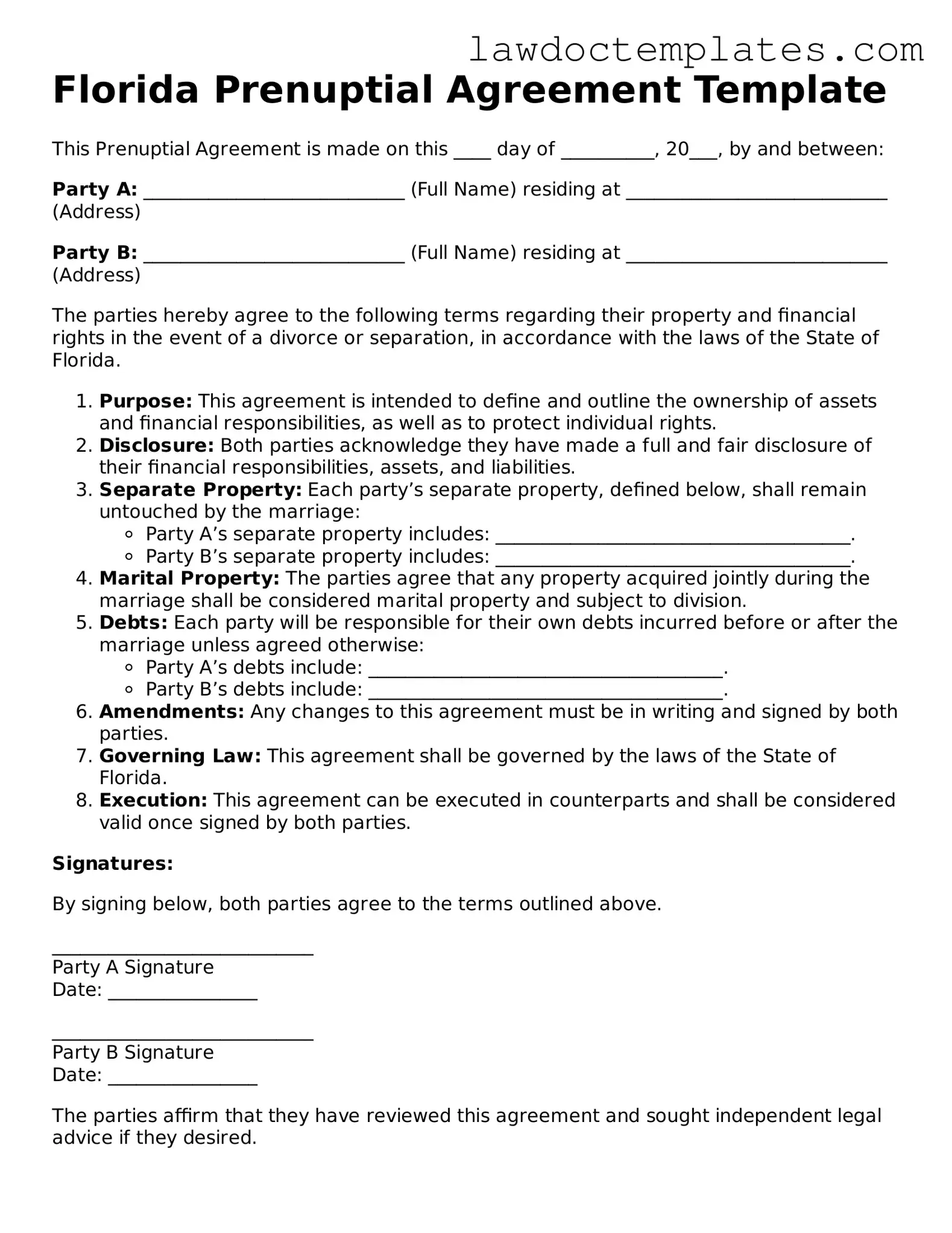 Prenuptial Agreement Document for Florida State