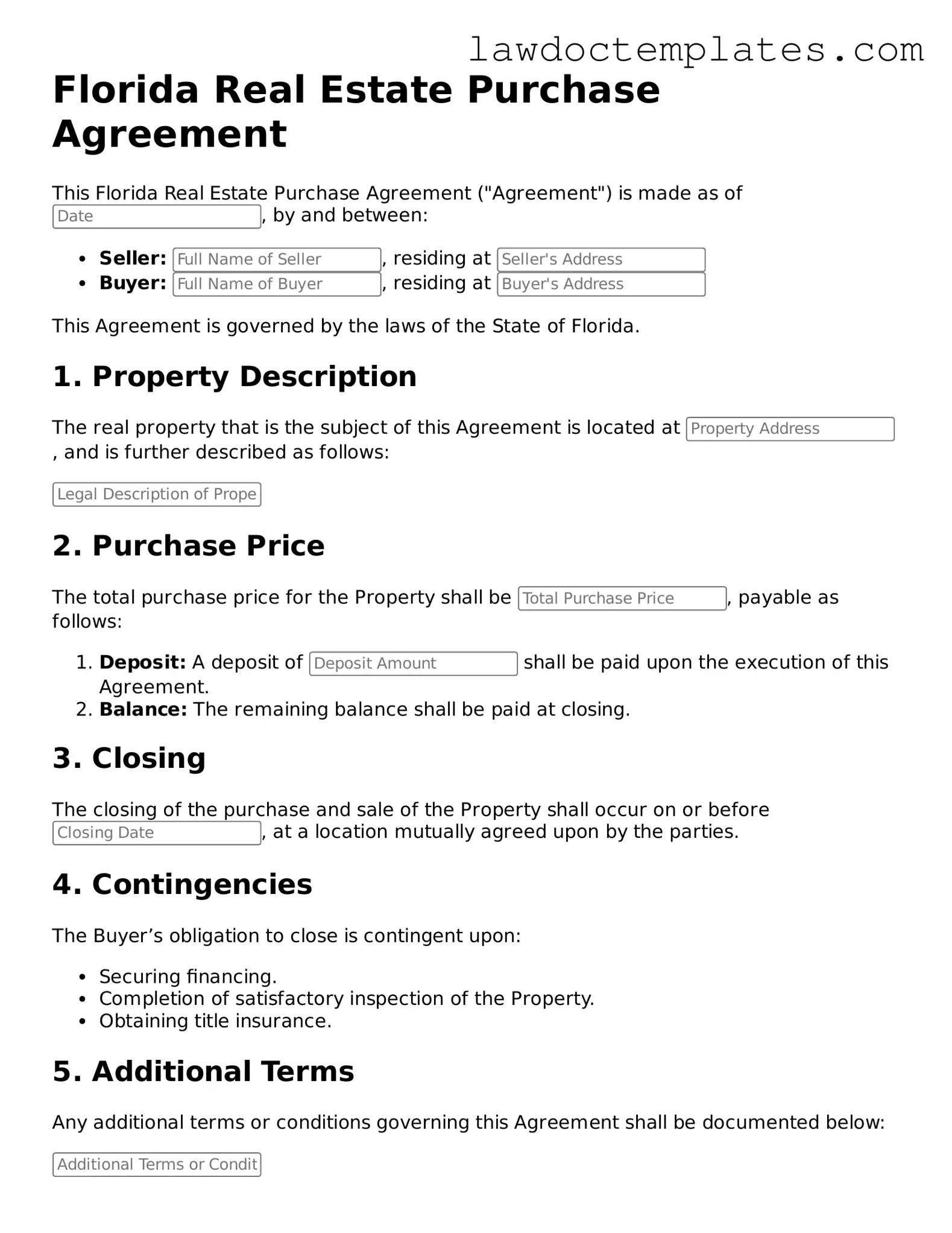 Real Estate Purchase Agreement Document for Florida State
