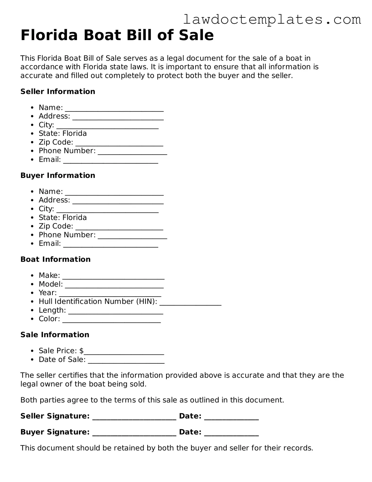 Boat Bill of Sale Document for Florida State